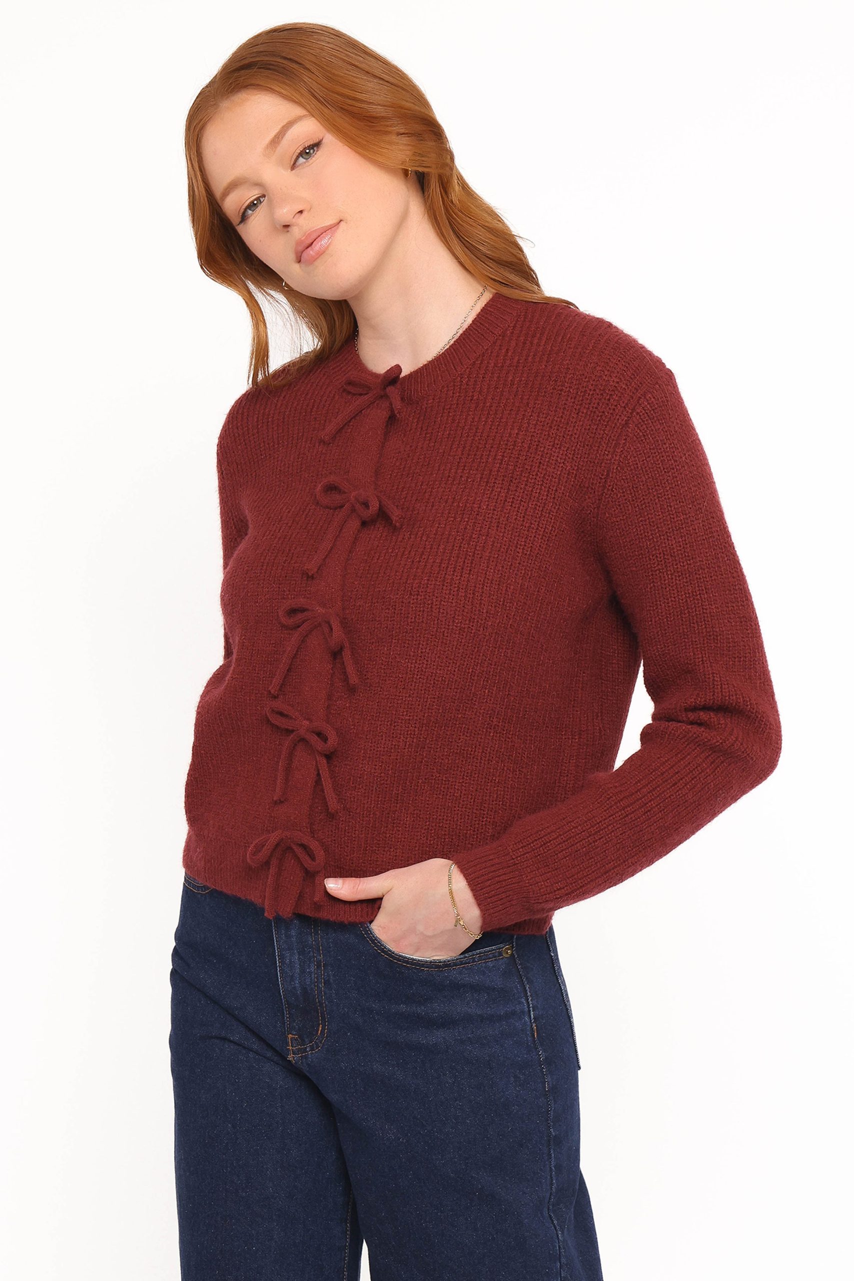 Wilde Bow Front Cardigan - Burgundy - Image 3