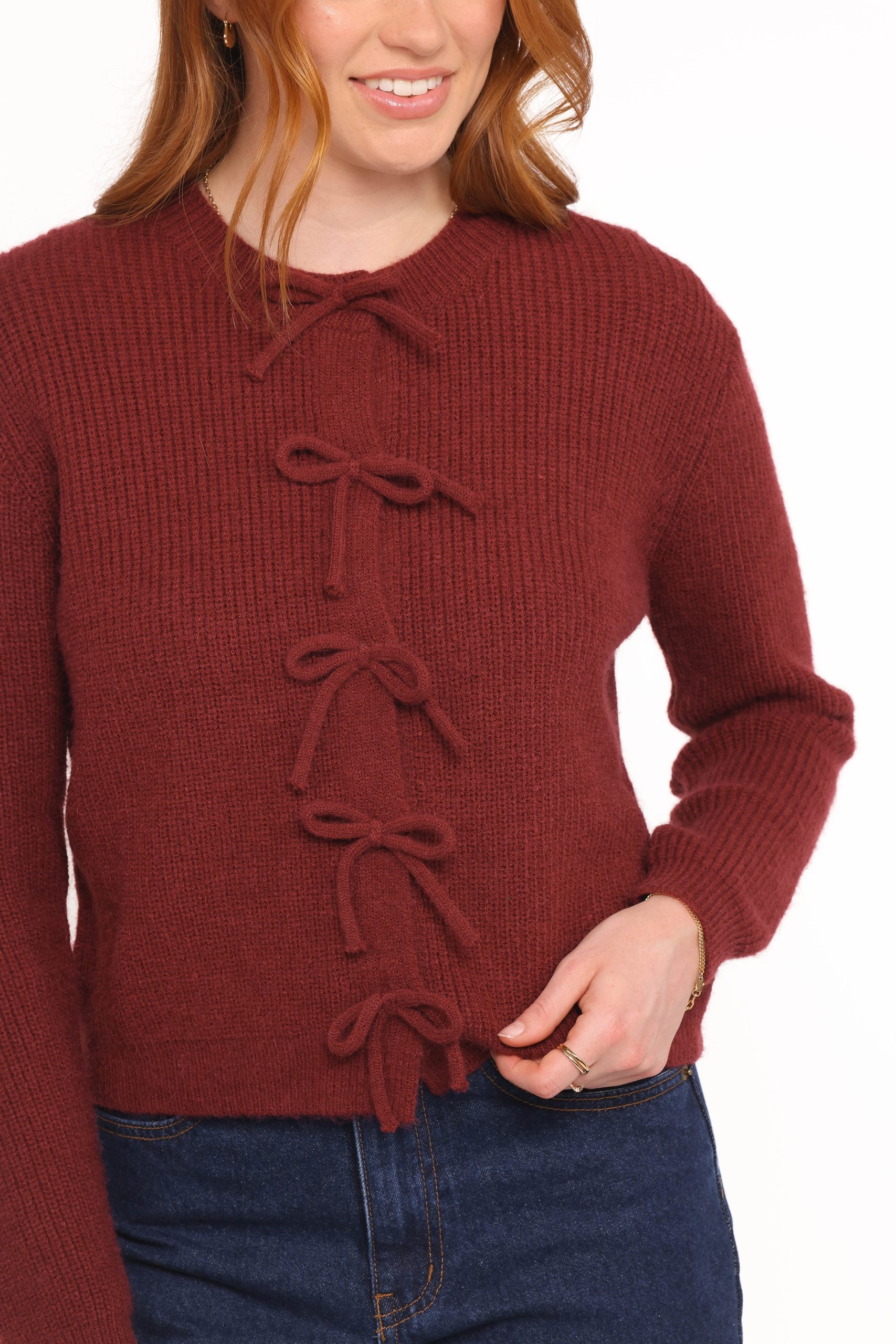 Wilde Bow Front Cardigan - Burgundy - Image 2