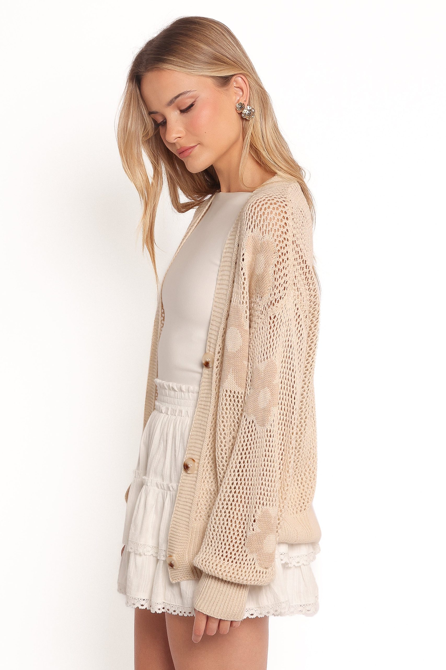 Winslow Open Knit Flower Cardigan - Tan - Image 4