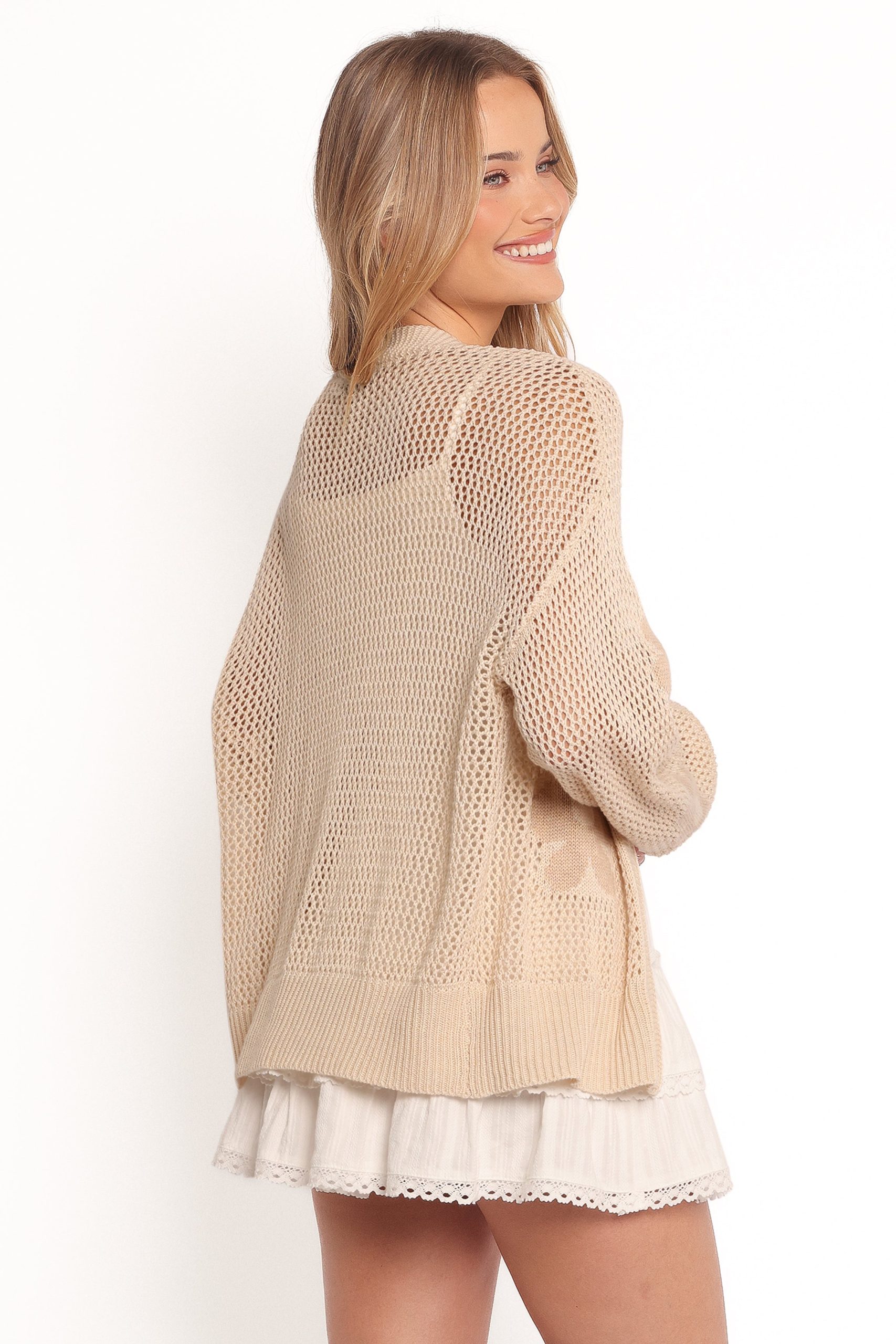 Winslow Open Knit Flower Cardigan - Tan - Image 5