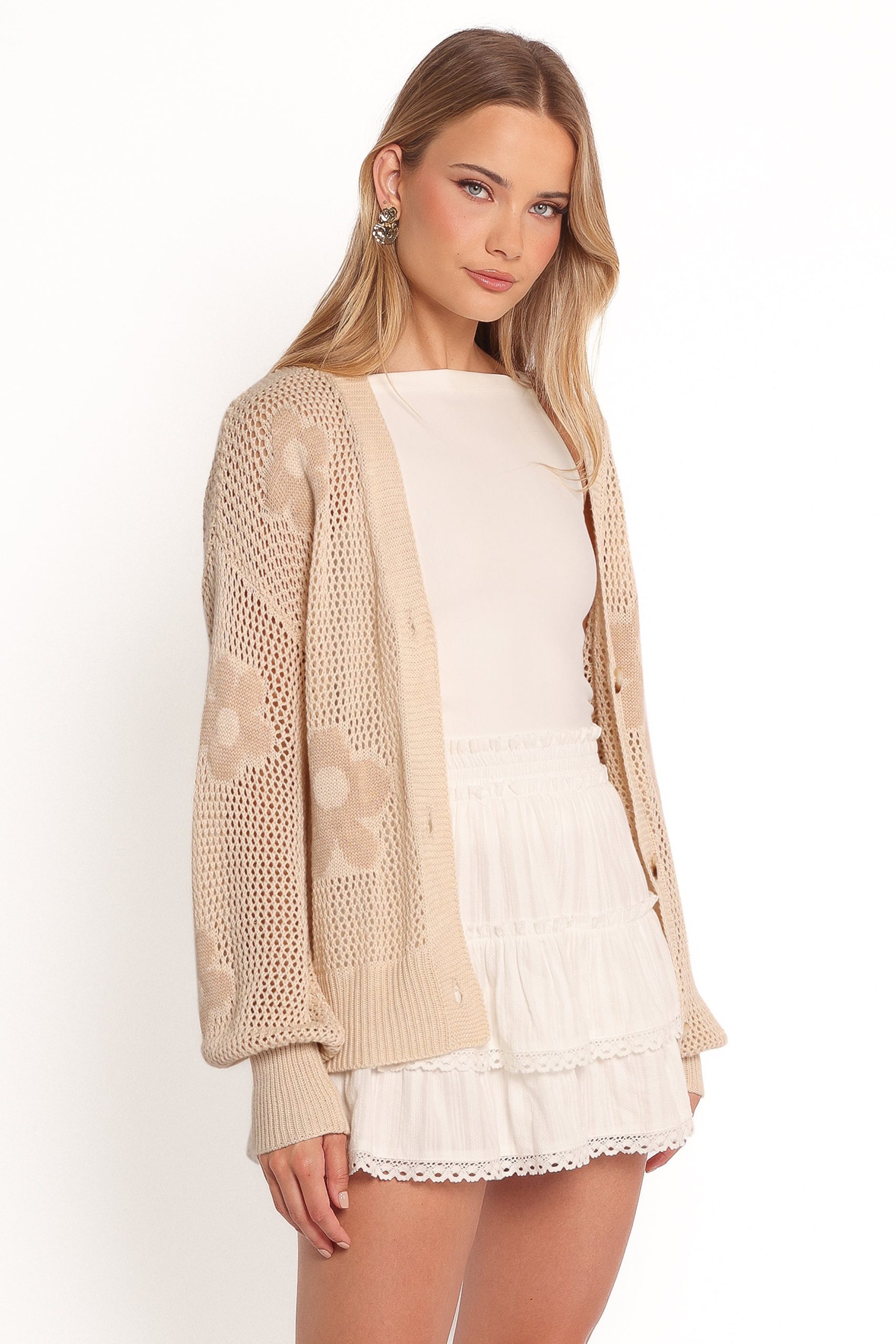 Winslow Open Knit Flower Cardigan - Tan - Image 6