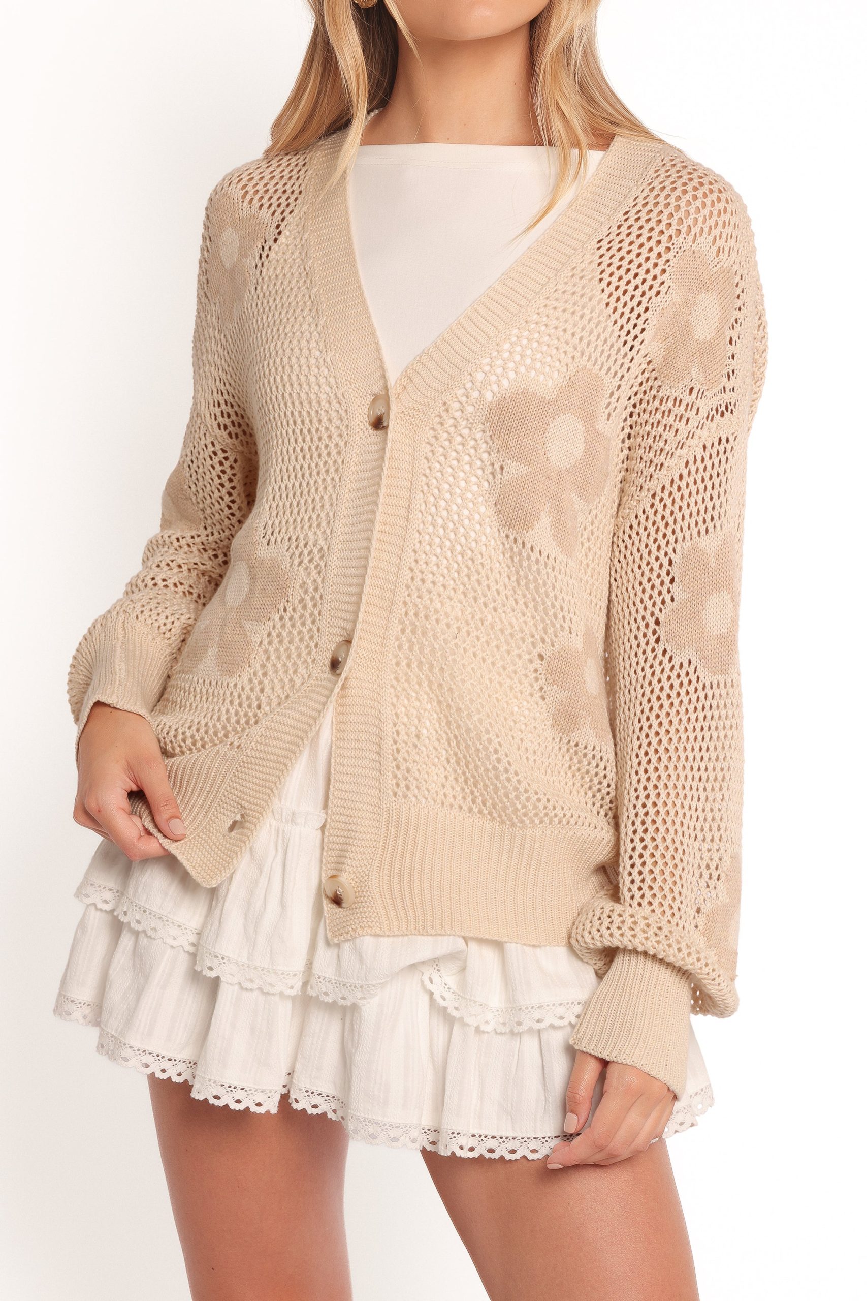 Winslow Open Knit Flower Cardigan - Tan - Image 7