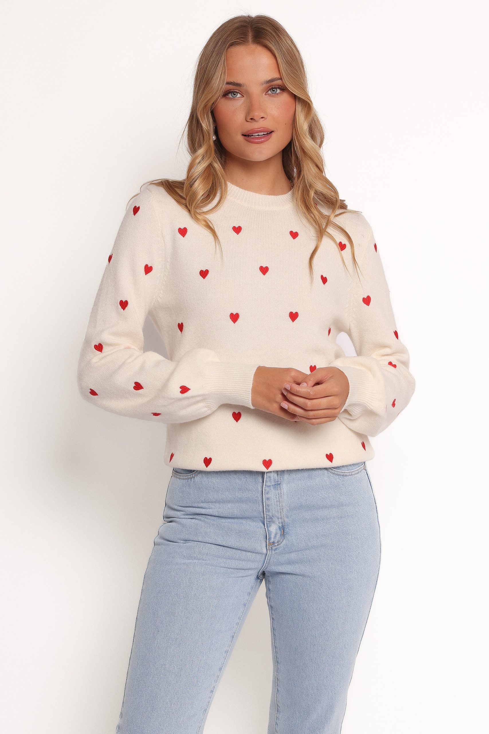Xadie All Over Mini Heart Sweater - Cream/Red - Image 3