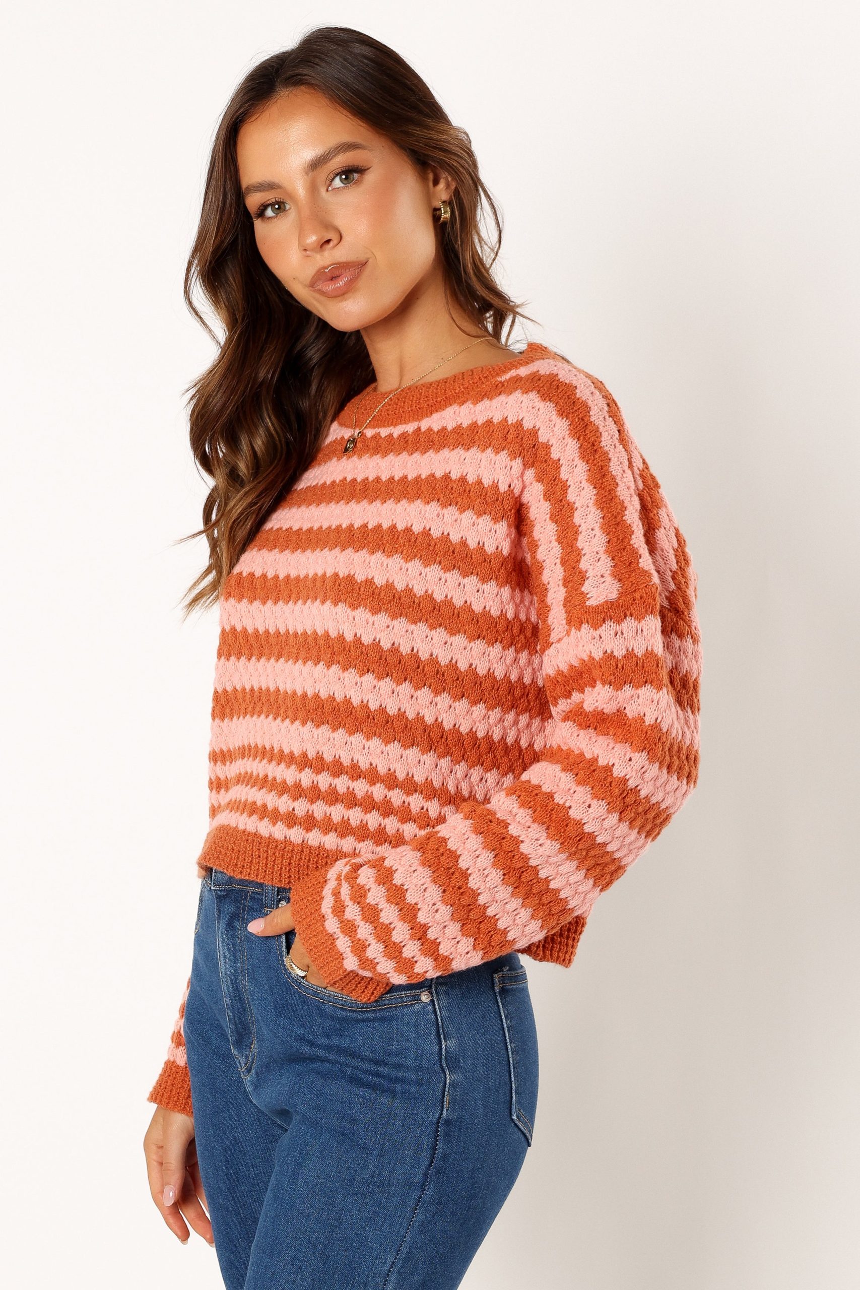 Yasmin Striped Crewneck Knit Sweater - Orange Pink - Image 2