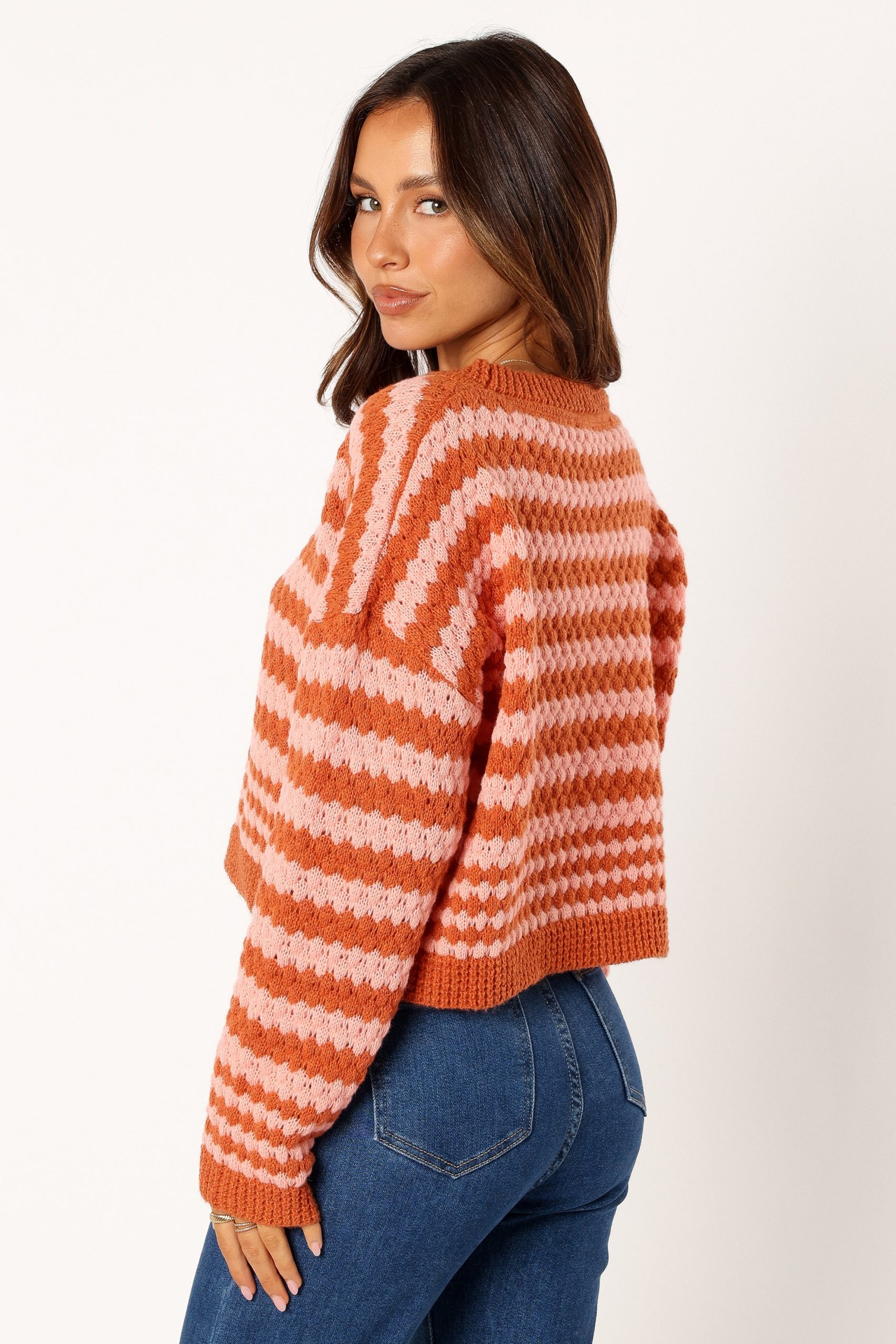 Yasmin Striped Crewneck Knit Sweater - Orange Pink - Image 3