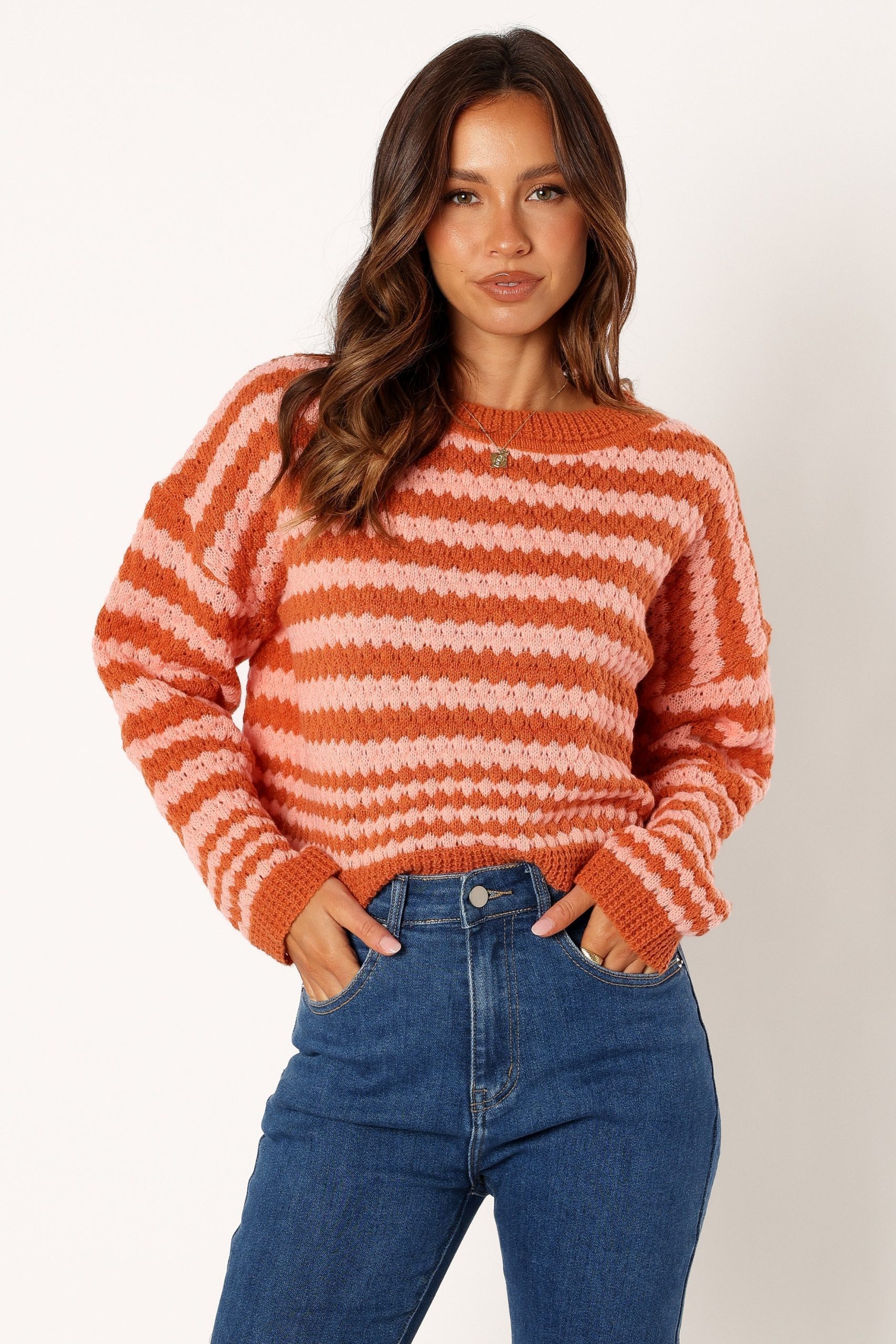 Yasmin Striped Crewneck Knit Sweater - Orange Pink - Image 5