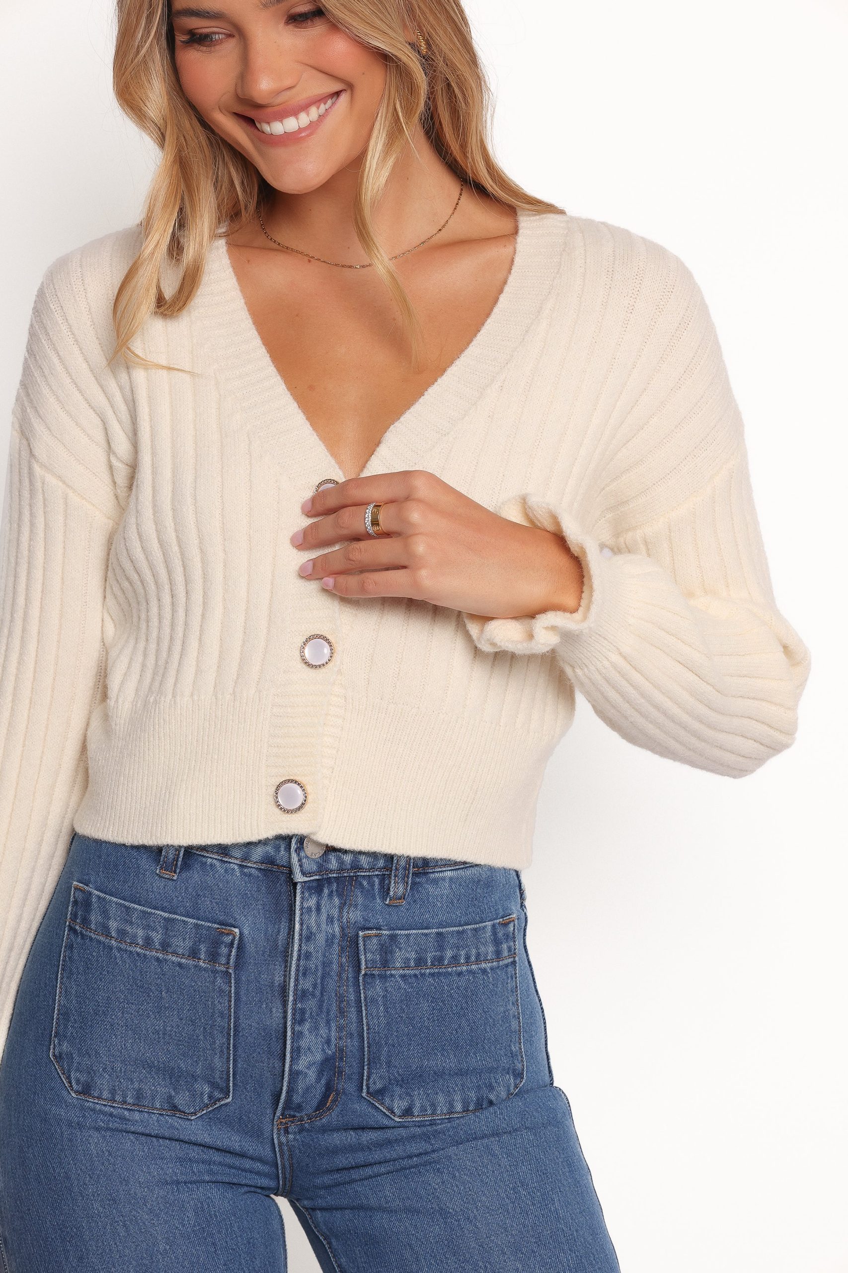 Zana Ribbed Ruffle Cuff Knit Sweater - Cream - Image 2
