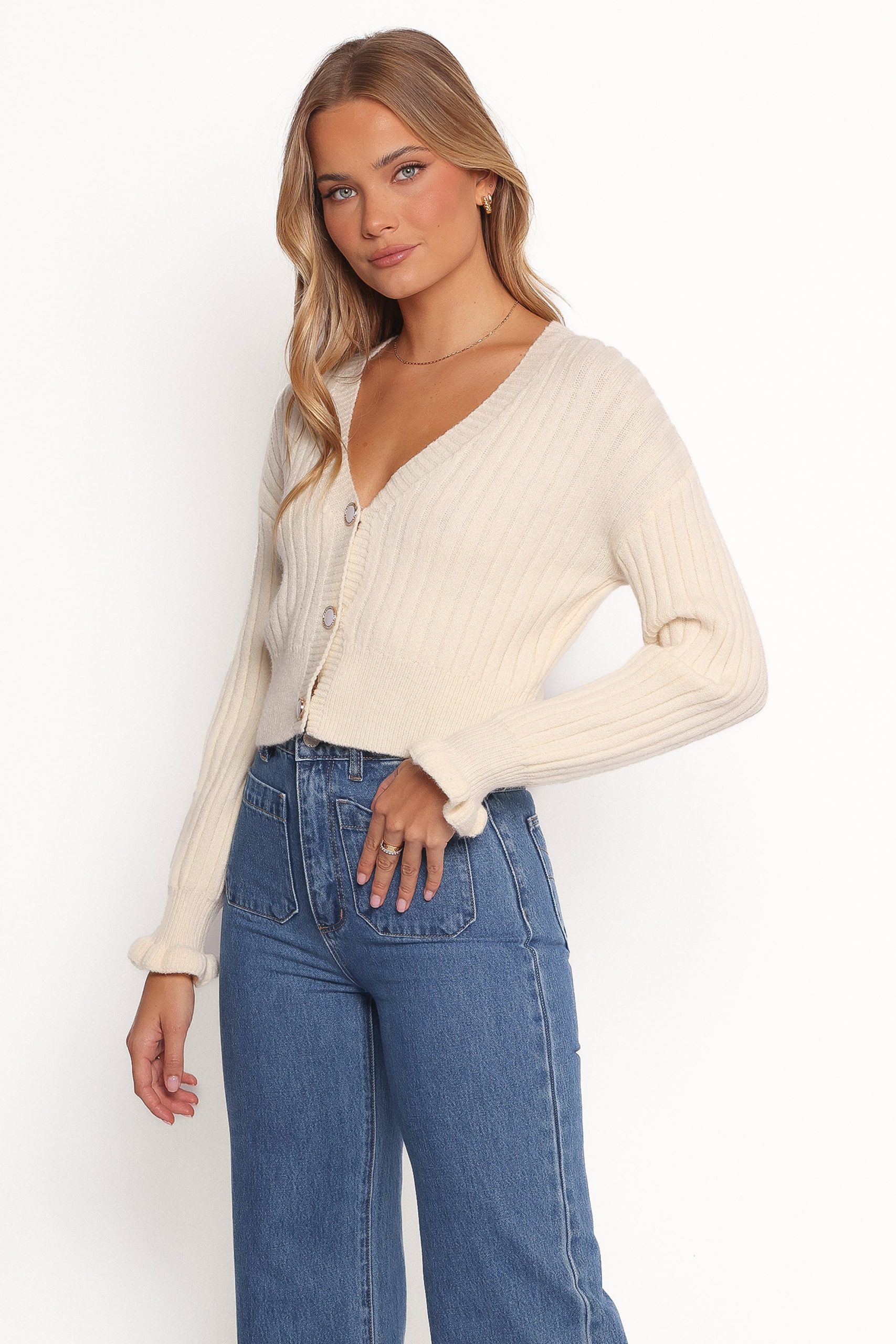 Zana Ribbed Ruffle Cuff Knit Sweater - Cream - Image 3