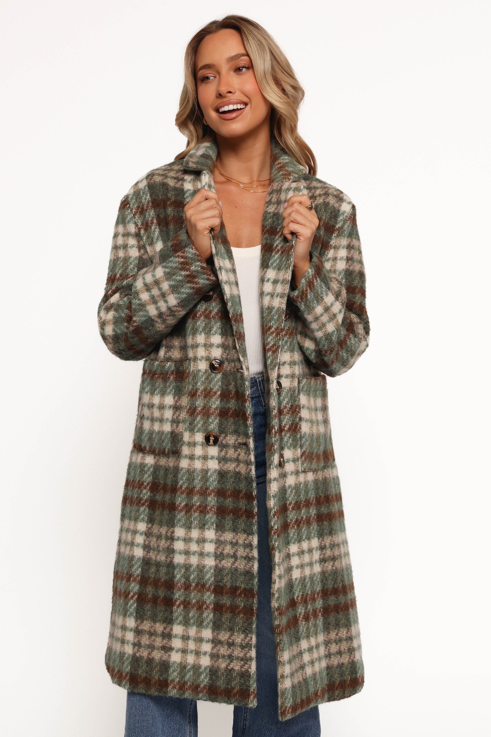 Anika Plaid Long Coat - Green/Brown - Image 3