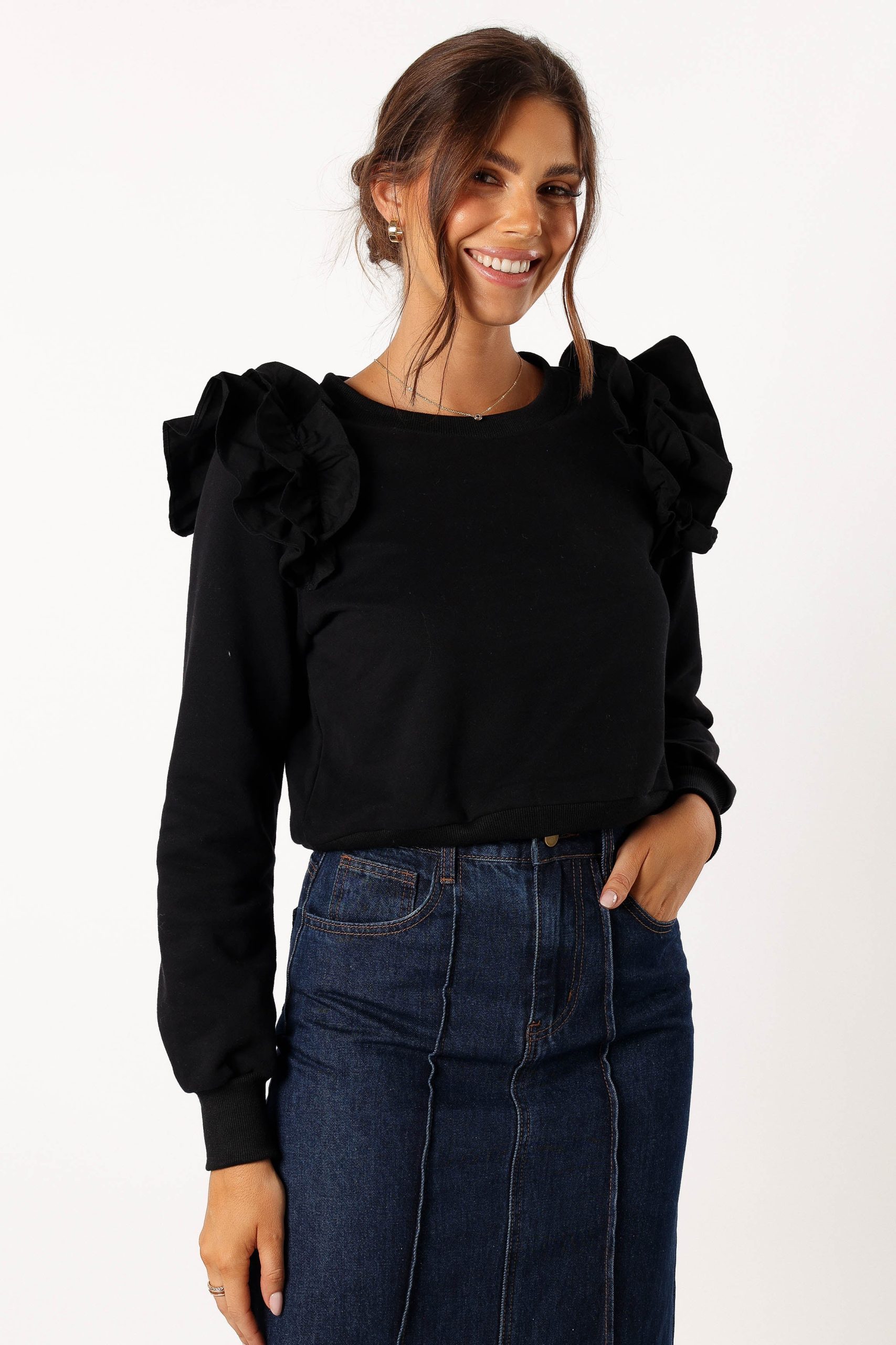 Cora Ruffle Sleeve Sweatshirt - Black - Image 4