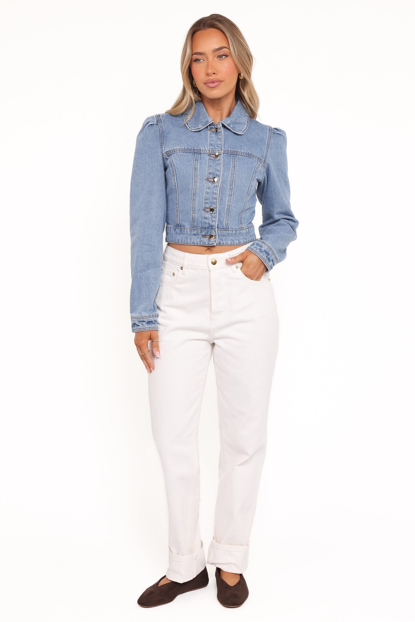 Faven Cropped Denim Jacket - Mid Blue - Image 4