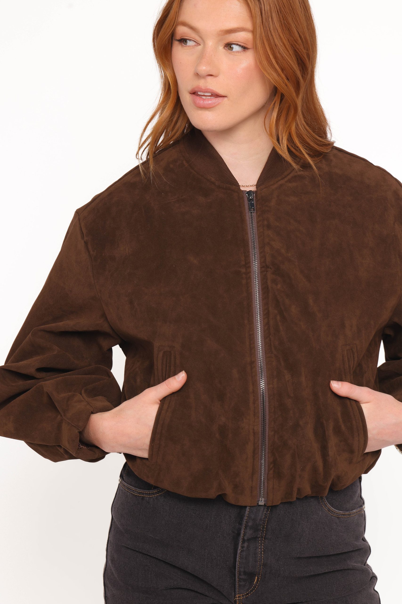 Goldie Faux Suede Bomber Jacket - Brown - Image 2