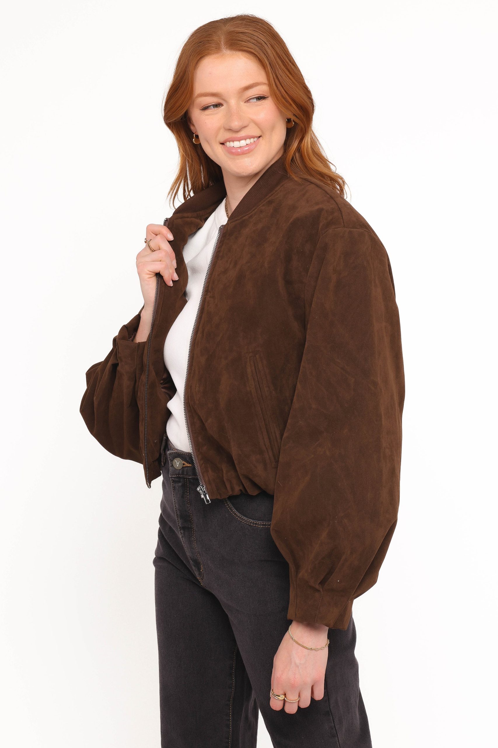 Goldie Faux Suede Bomber Jacket - Brown - Image 3