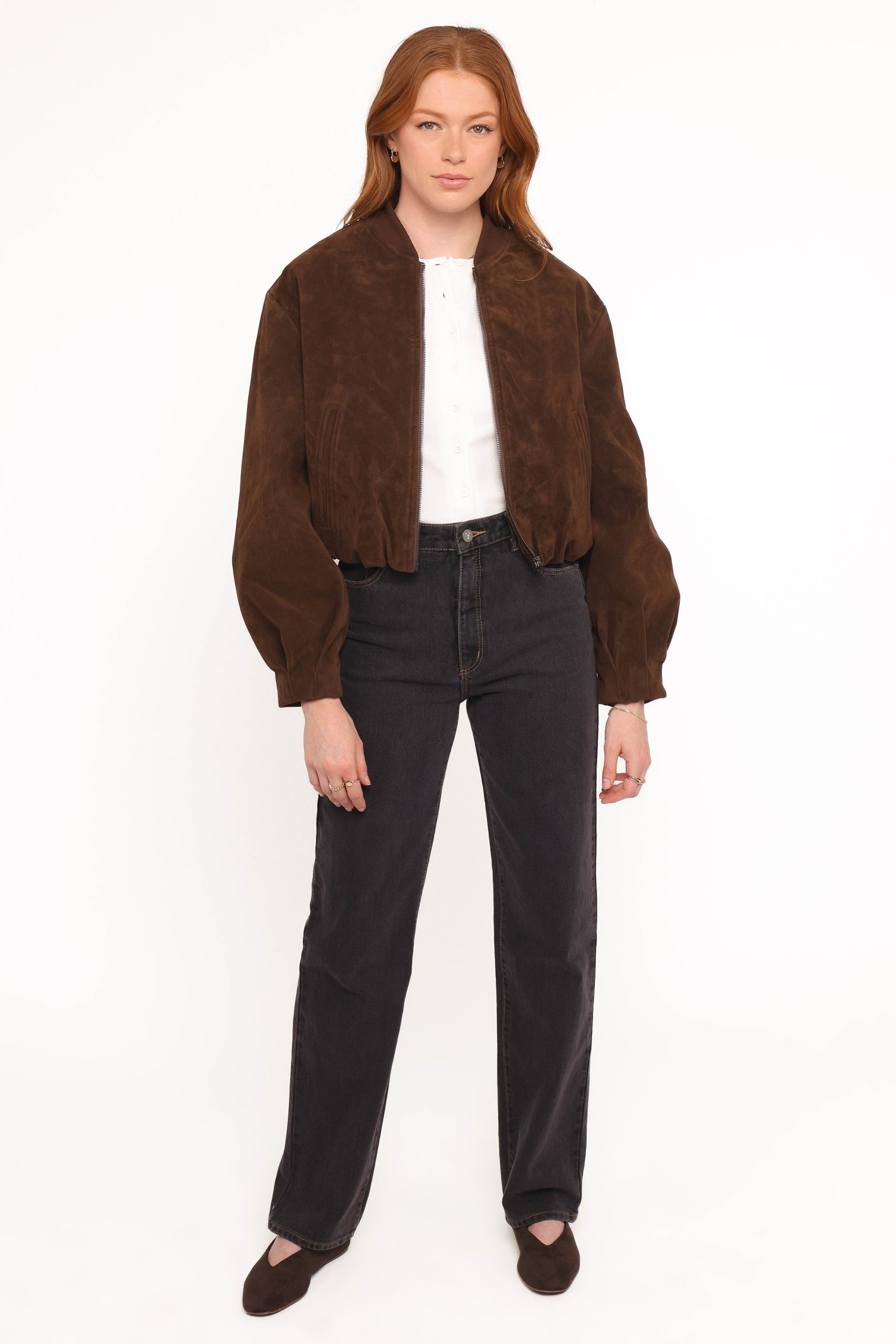 Goldie Faux Suede Bomber Jacket - Brown - Image 5