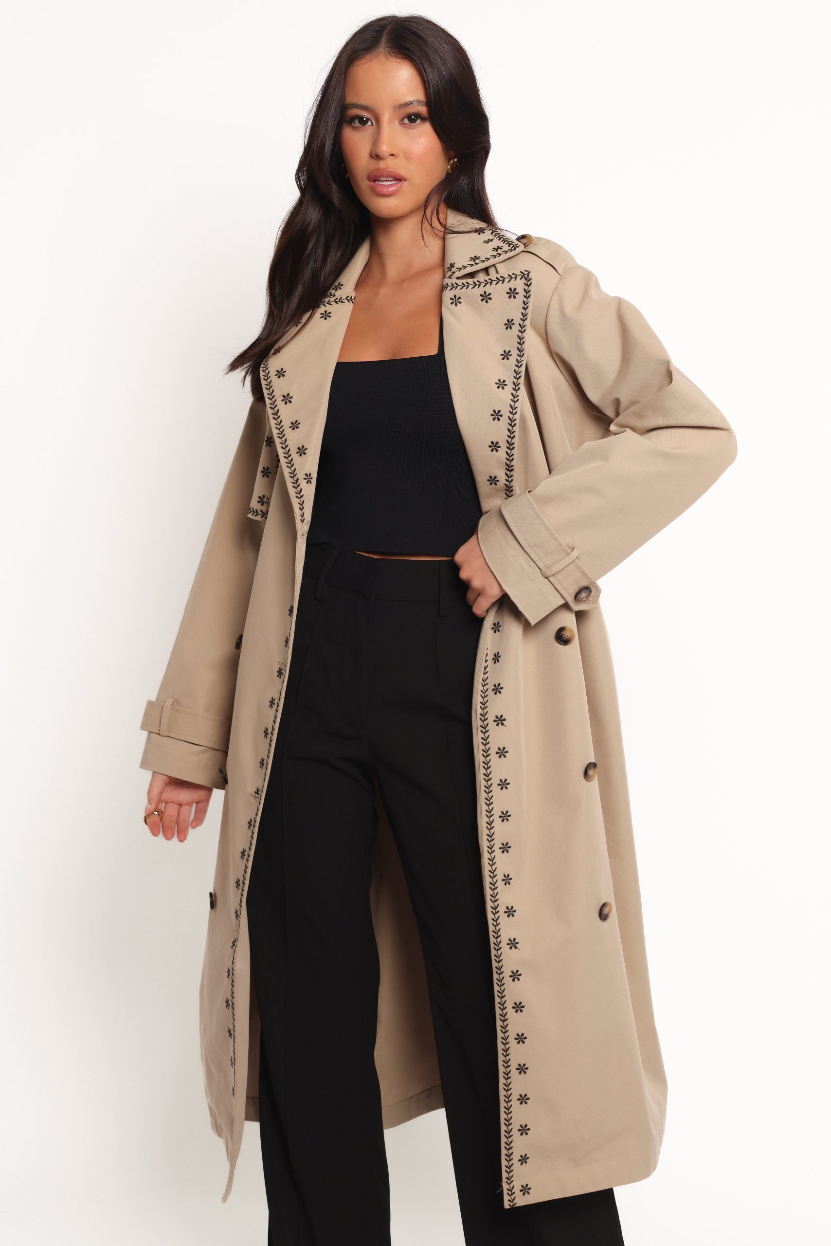 Grayson Embroidered Trim Trench Coat - Taupe - Image 3