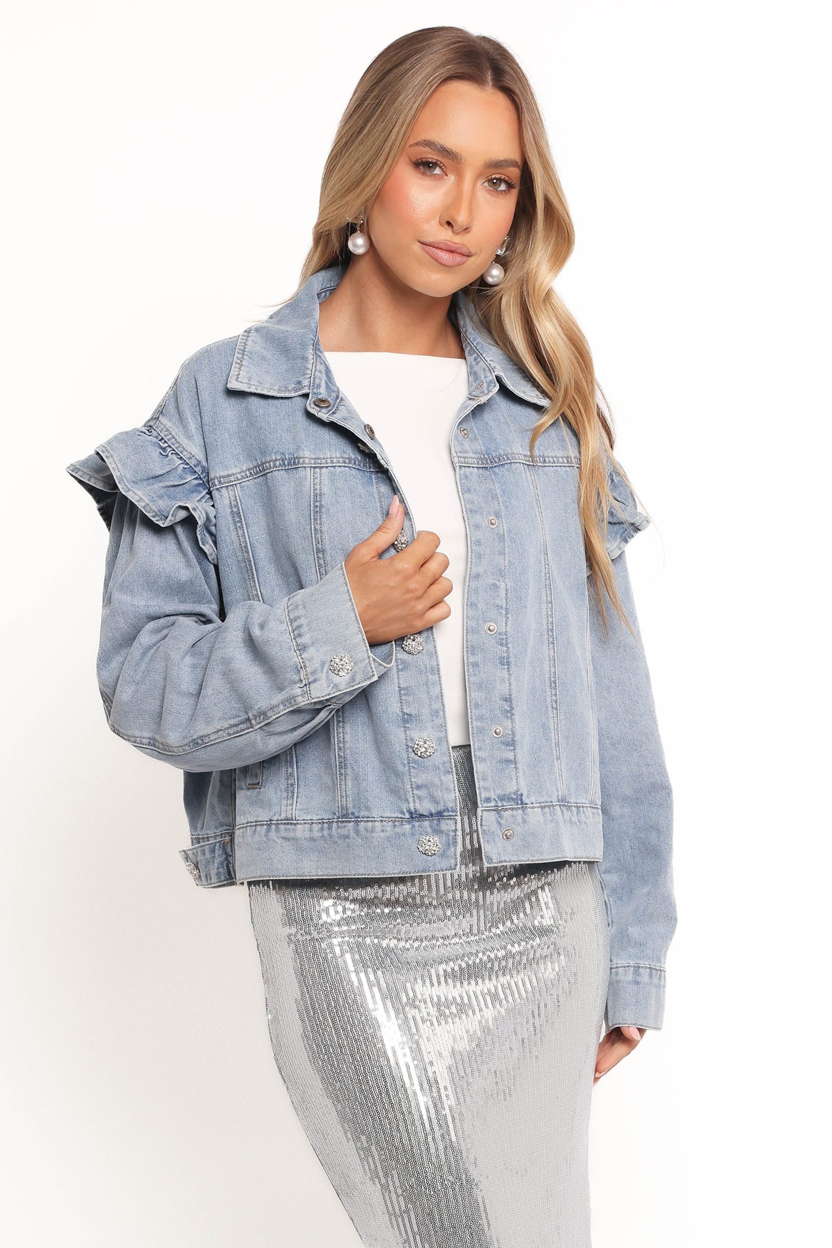 Hadley Ruffle Sleeve Denim Jacket - Mid Denim - Image 5