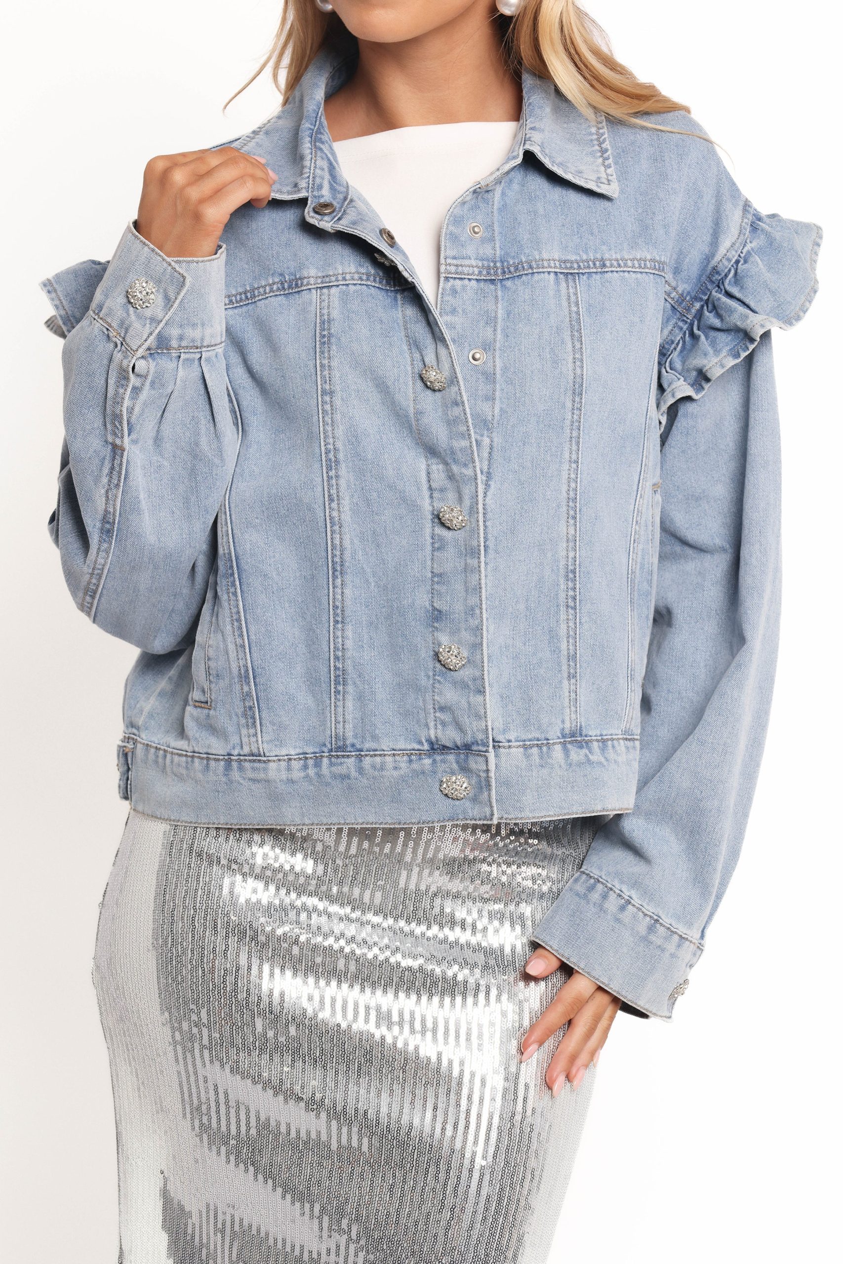 Hadley Ruffle Sleeve Denim Jacket - Mid Denim - Image 6