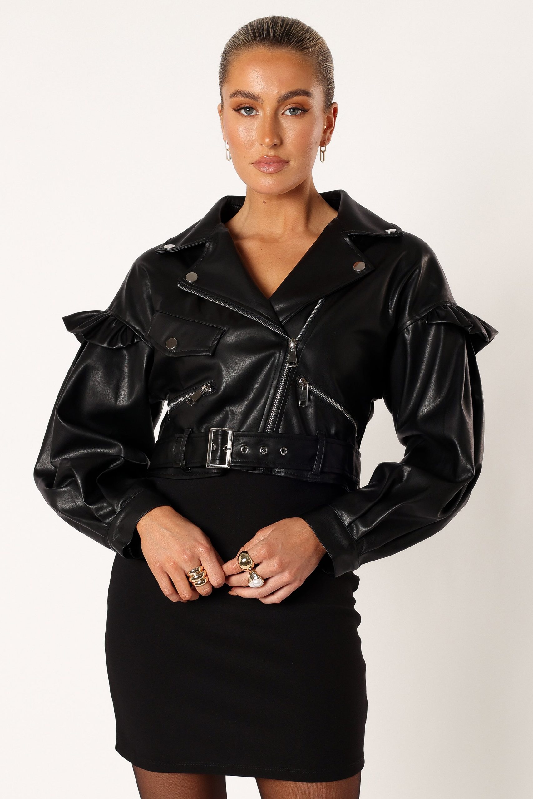 Hanna Ruffle Sleeve Faux Leather Jacket - Black - Image 8