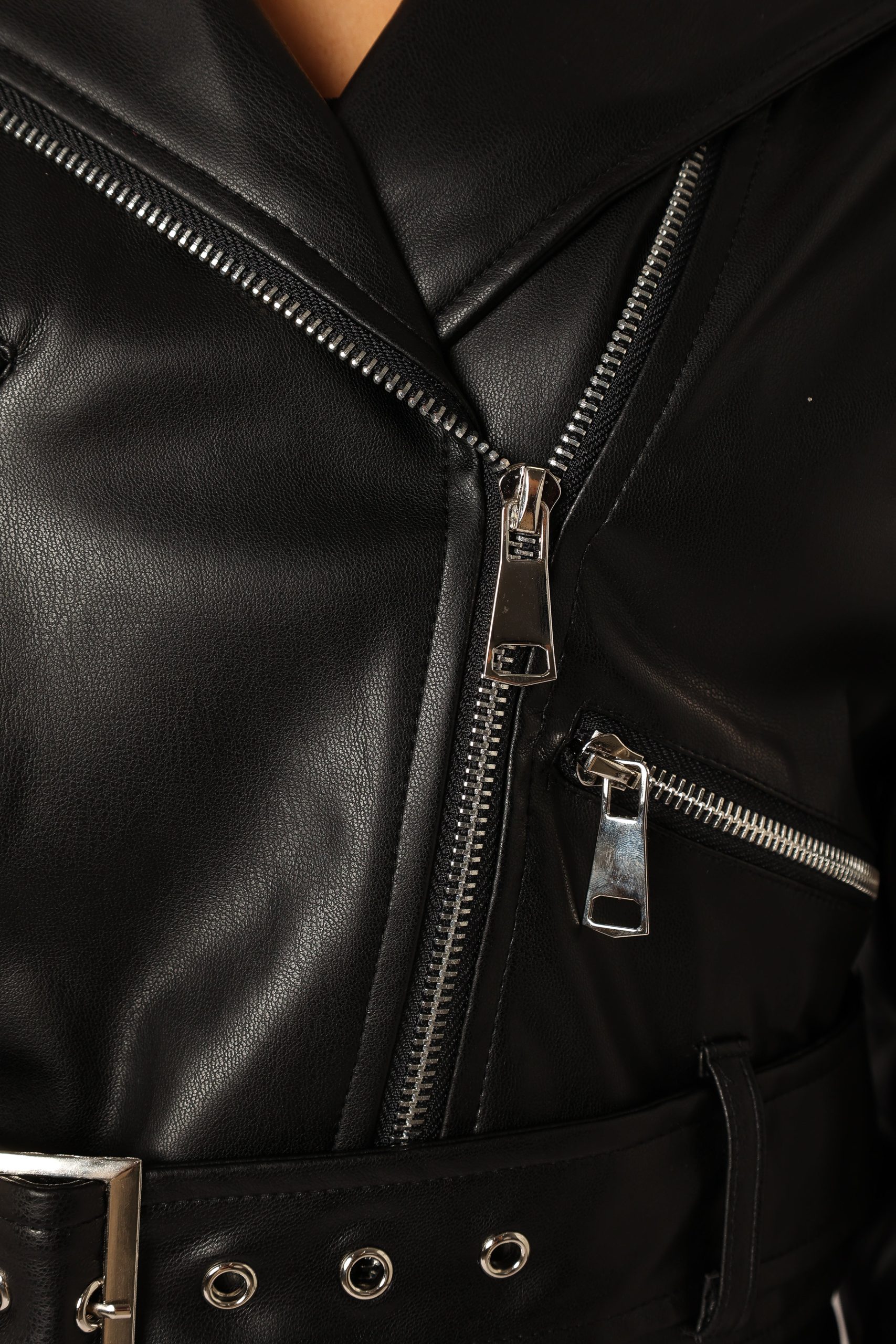 Hanna Ruffle Sleeve Faux Leather Jacket - Black - Image 11