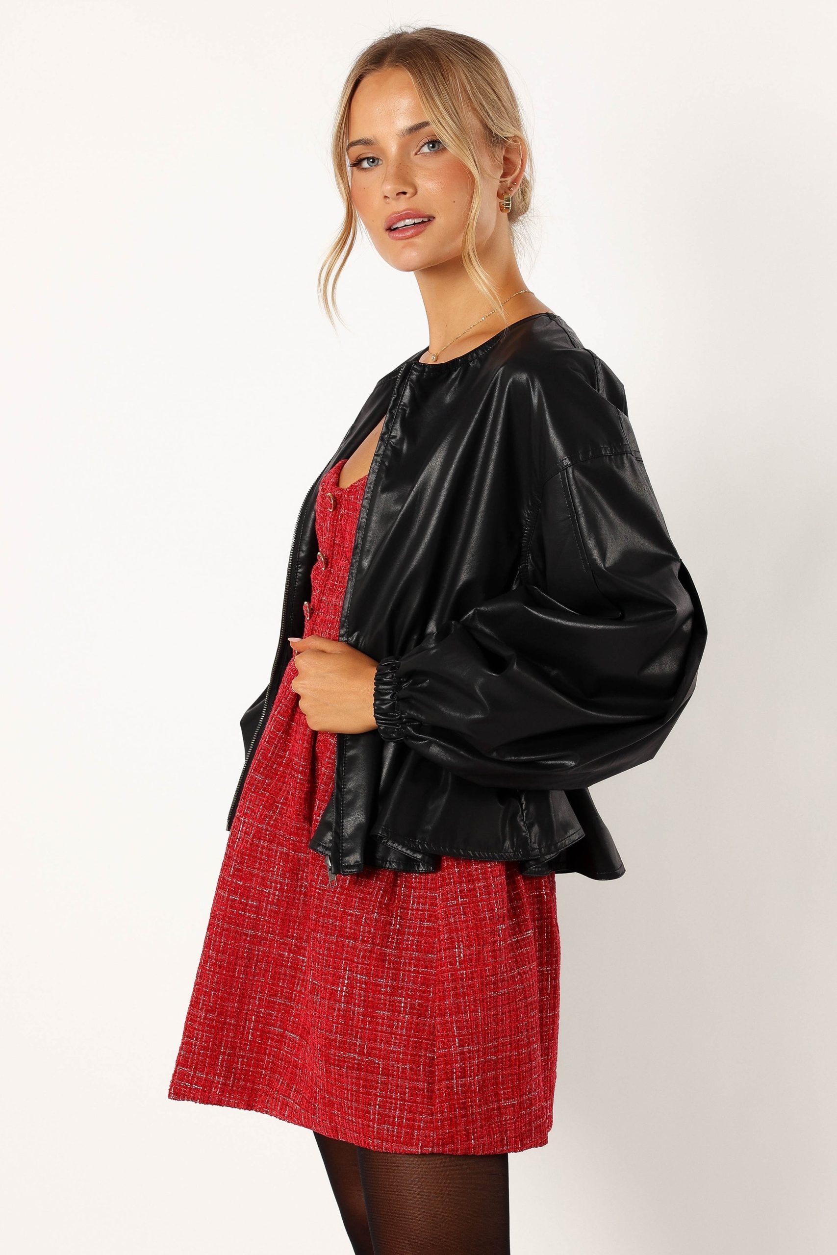 Ivanna Faux Leather Puff Sleeve Jacket - Black - Image 4