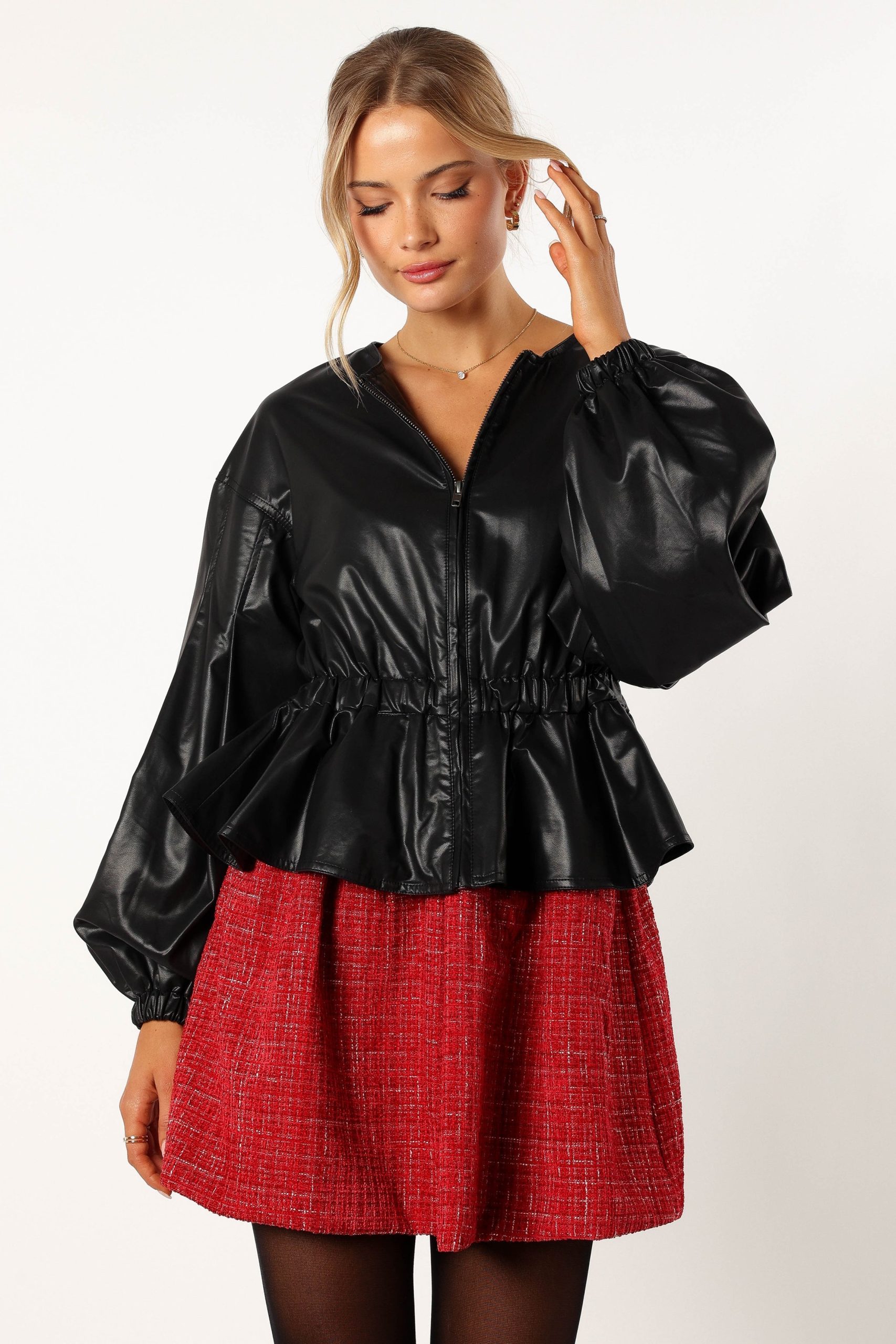 Ivanna Faux Leather Puff Sleeve Jacket - Black - Image 6