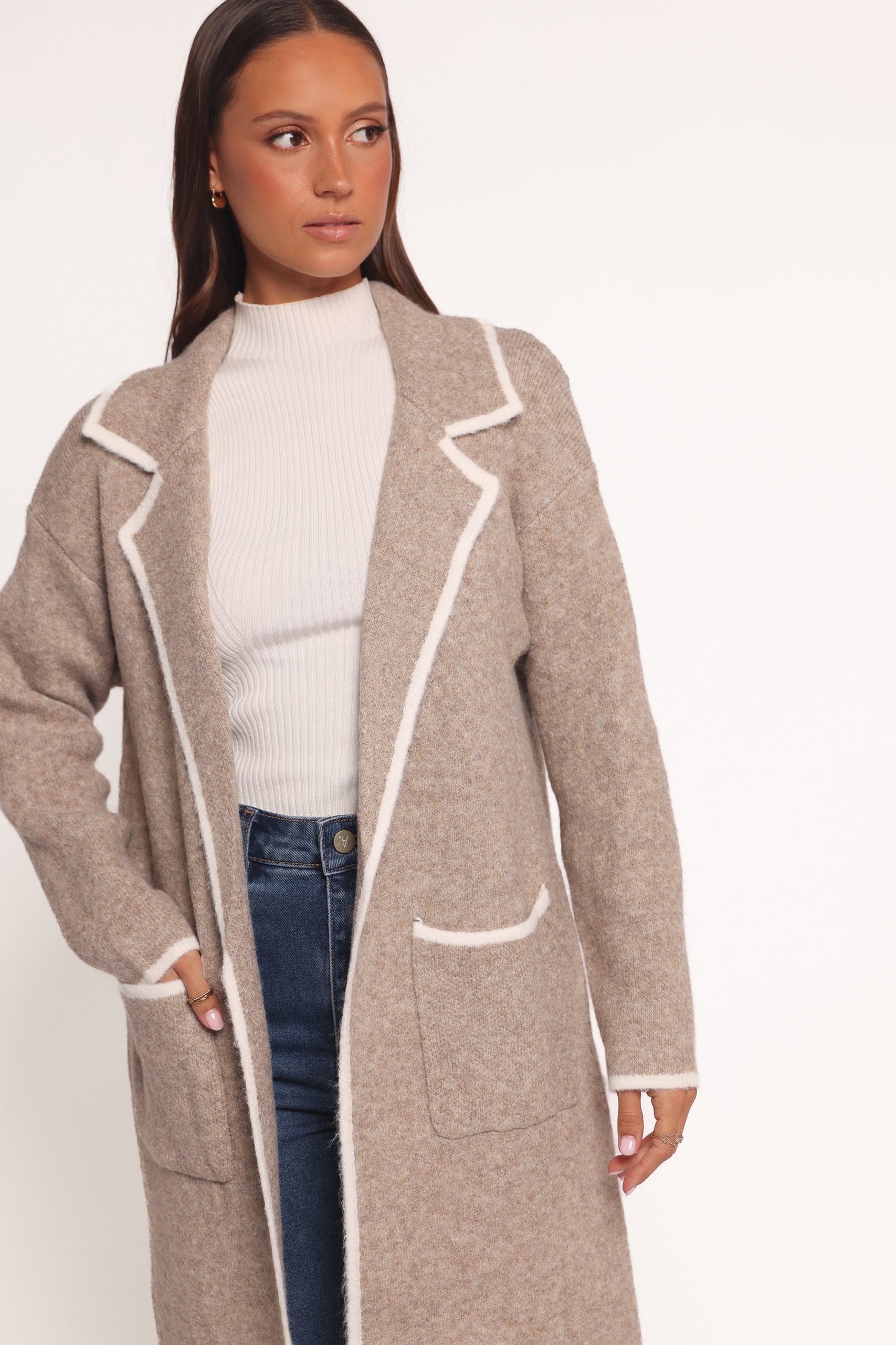Katia Contrast Trim Coatigan - Beige - Image 2