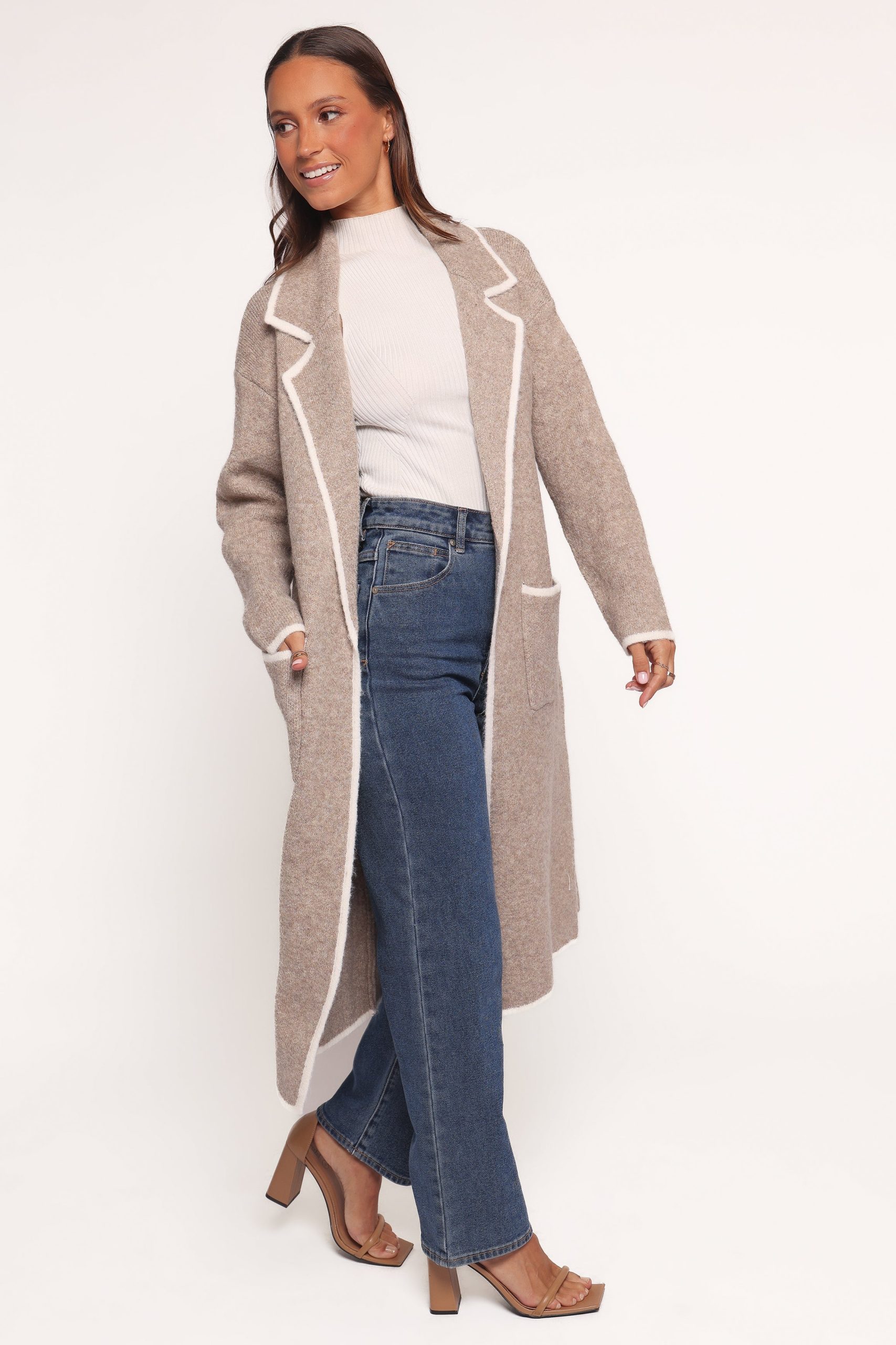 Katia Contrast Trim Coatigan - Beige - Image 3