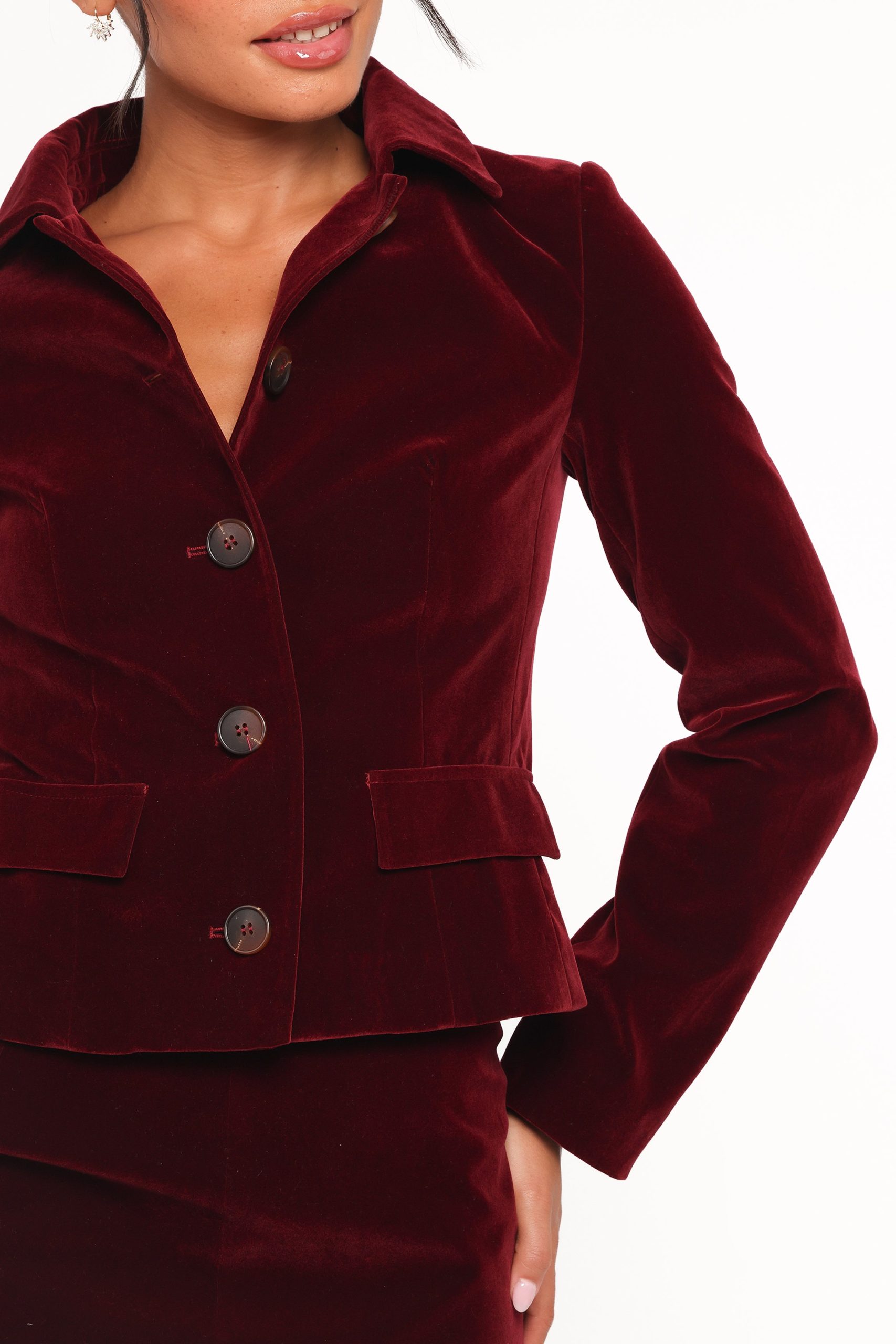 Lainey Velvet Cropped Jacket - Burgundy - Image 2