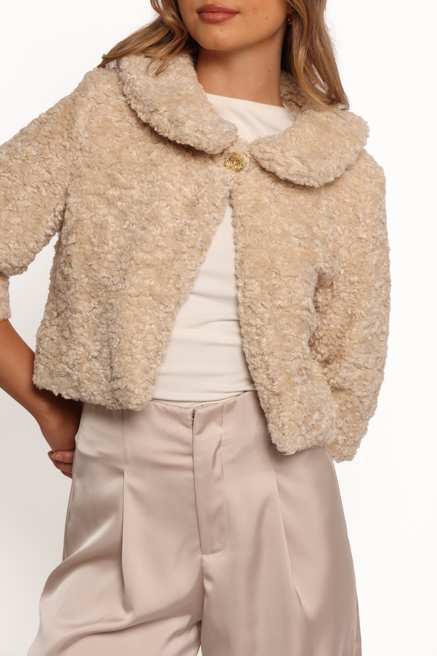 Lucie Faux Fur Crop Jacket - Cream - Image 8