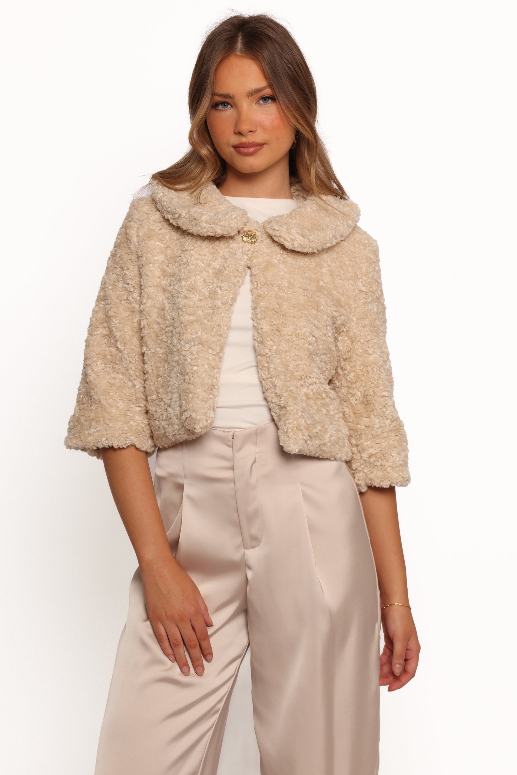 Lucie Faux Fur Crop Jacket - Cream - Image 9