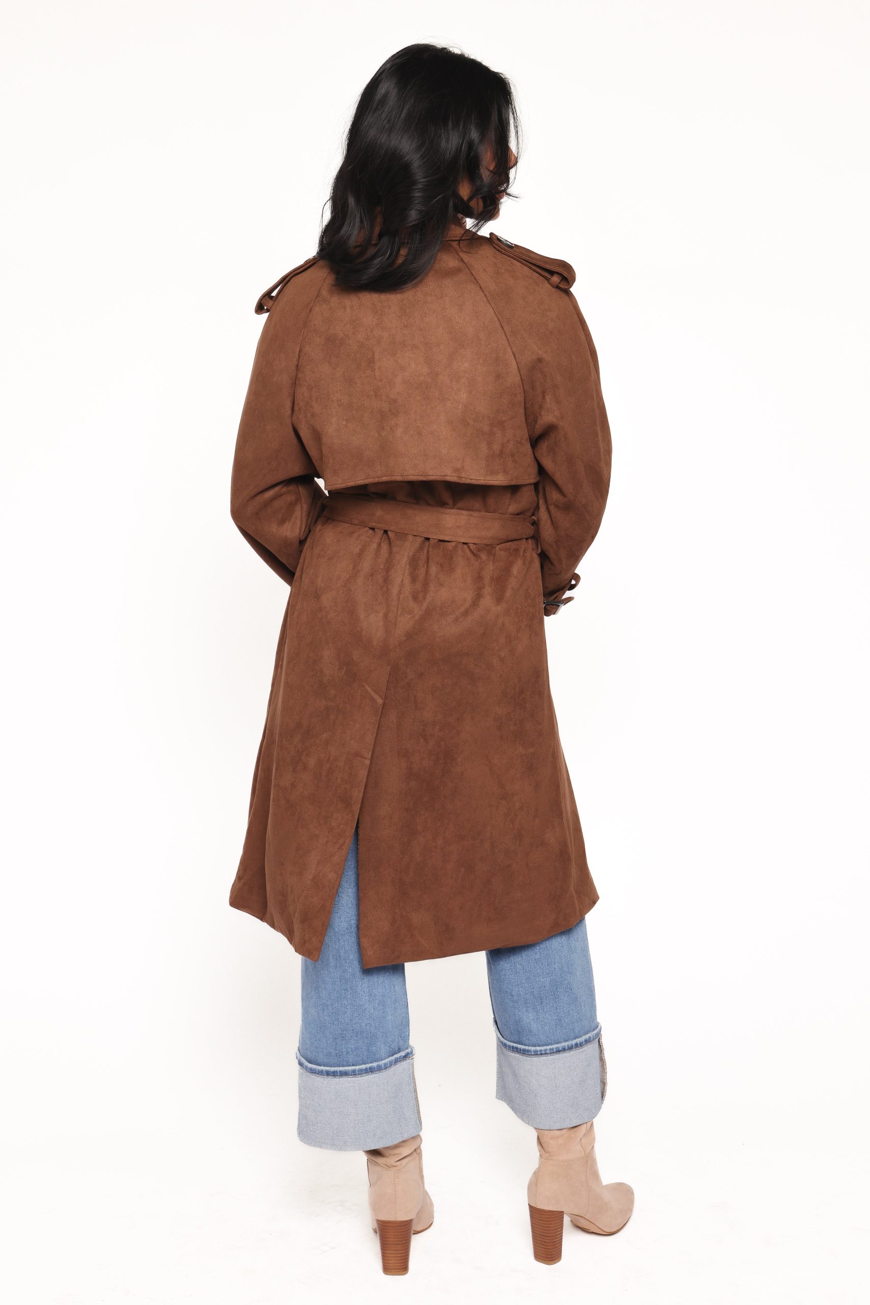 Micha Faux Suede Trench Coat - Brown - Image 5