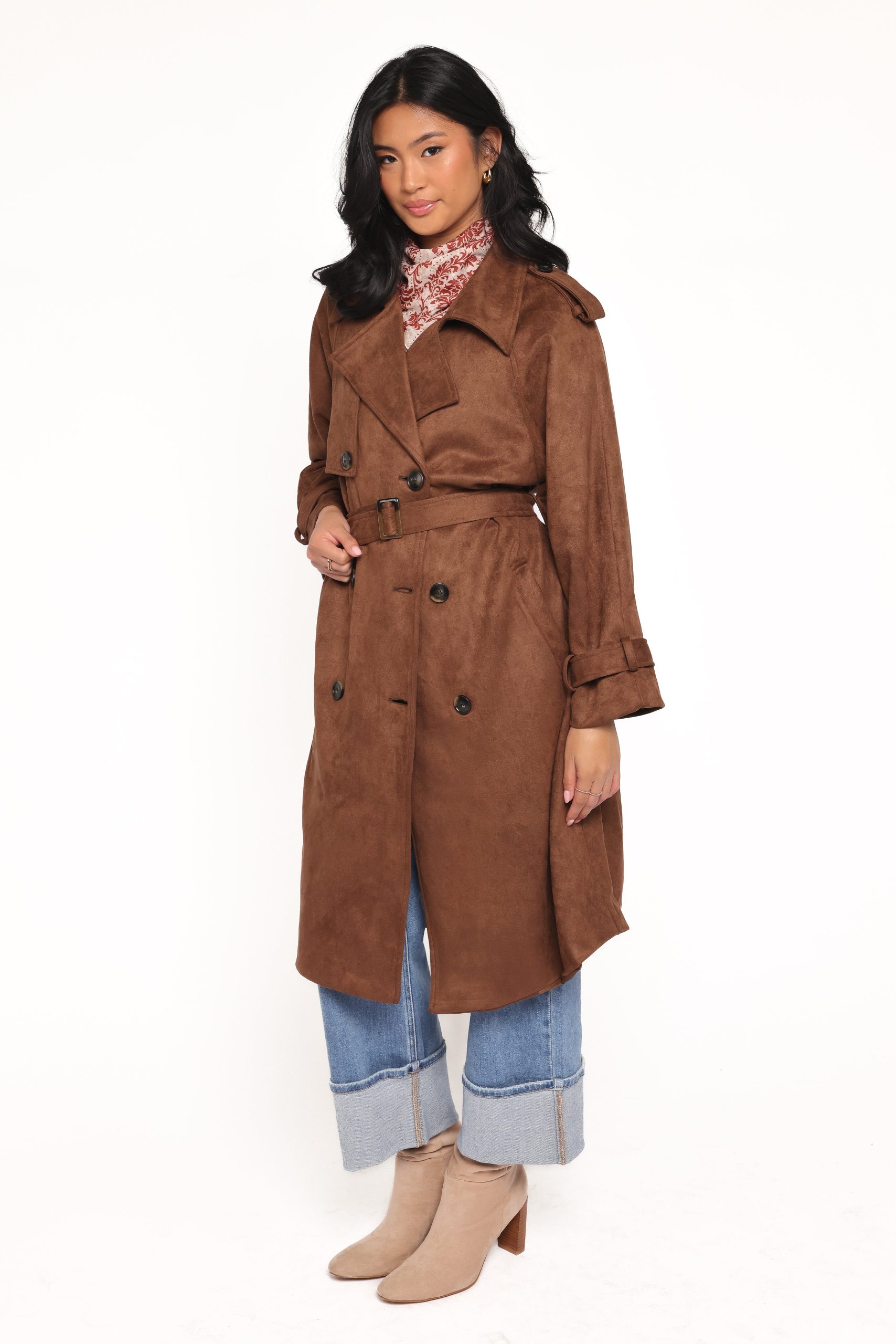 Micha Faux Suede Trench Coat - Brown - Image 4