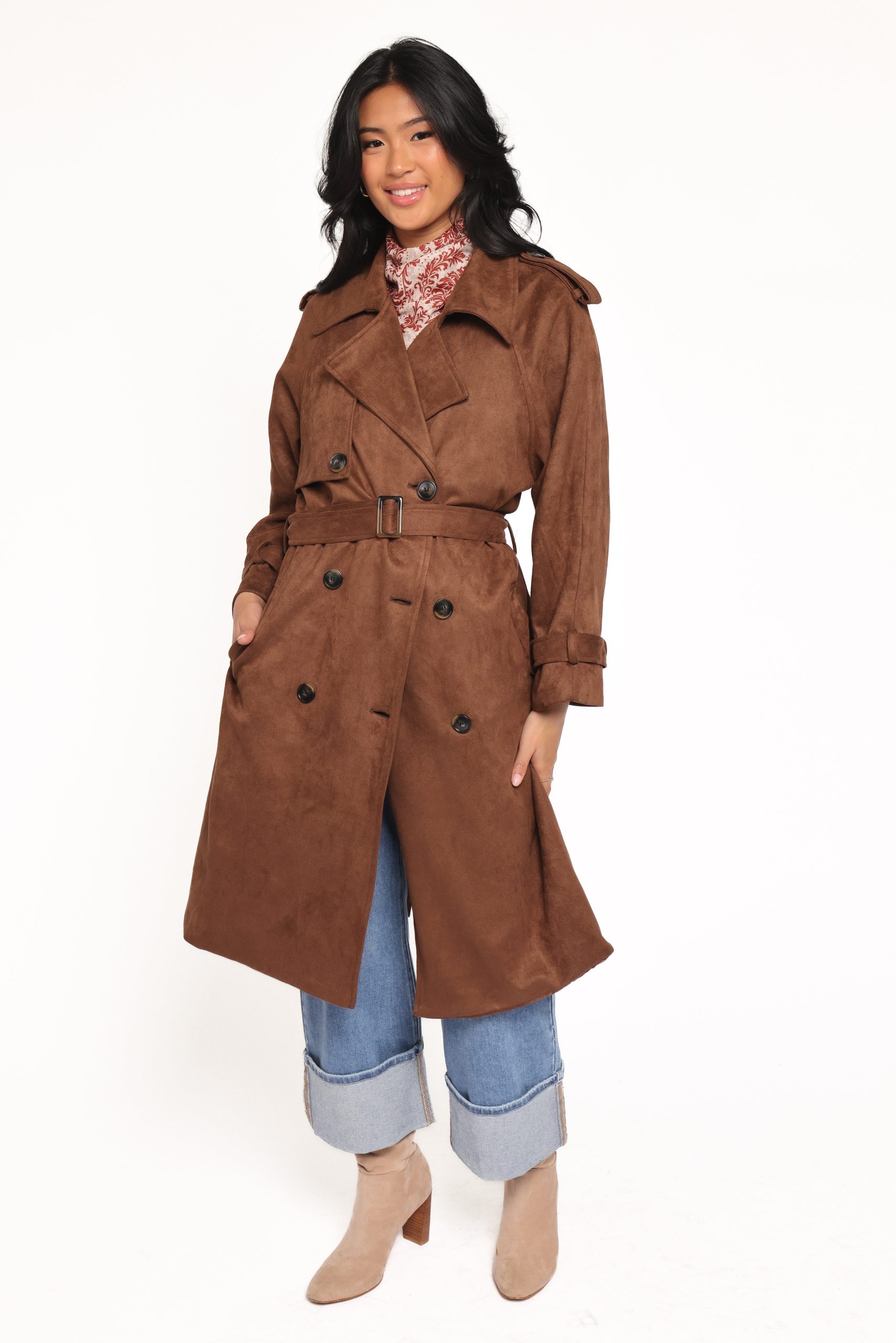 Micha Faux Suede Trench Coat - Brown - Image 6