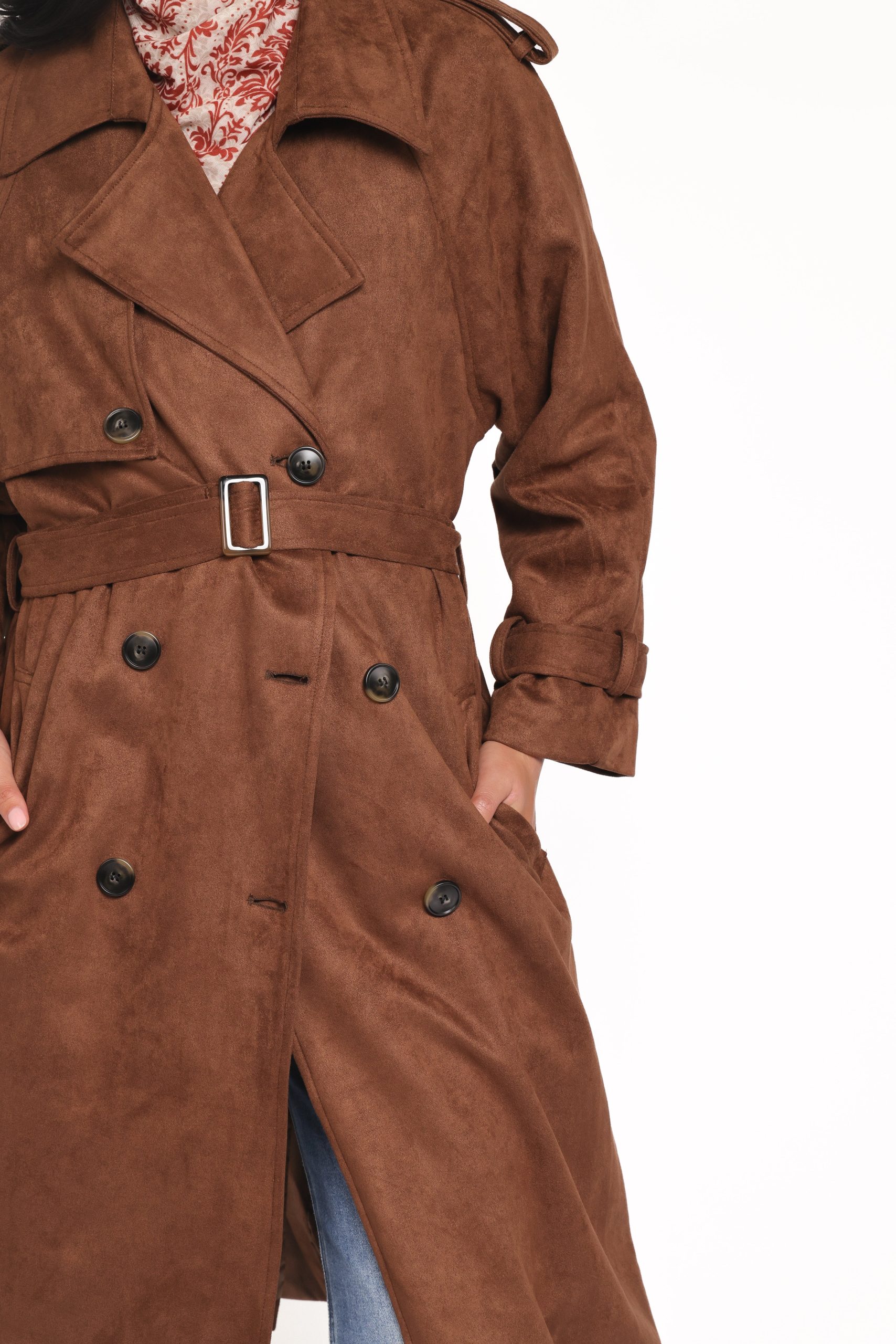 Micha Faux Suede Trench Coat - Brown - Image 3