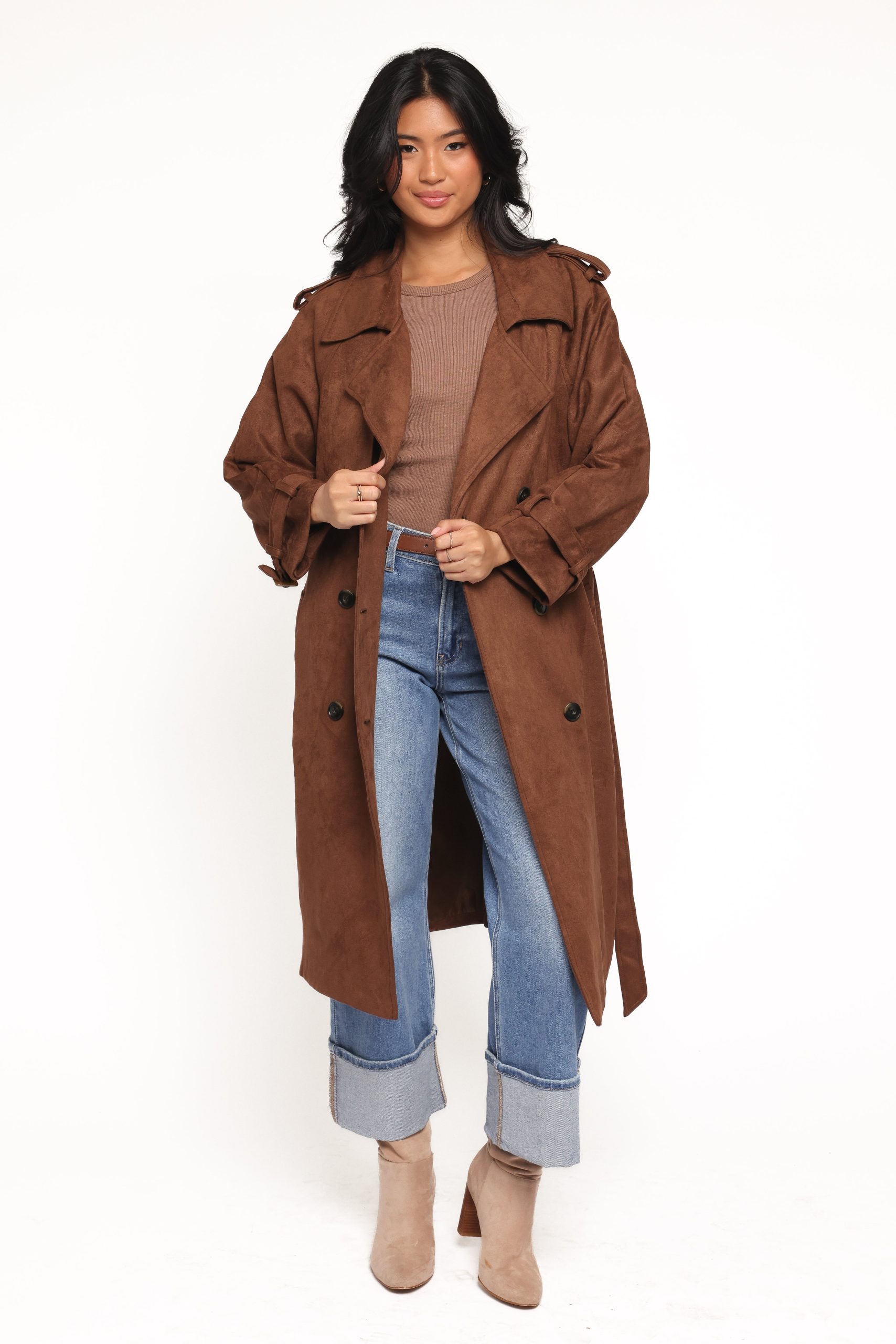 Micha Faux Suede Trench Coat - Brown - Image 2