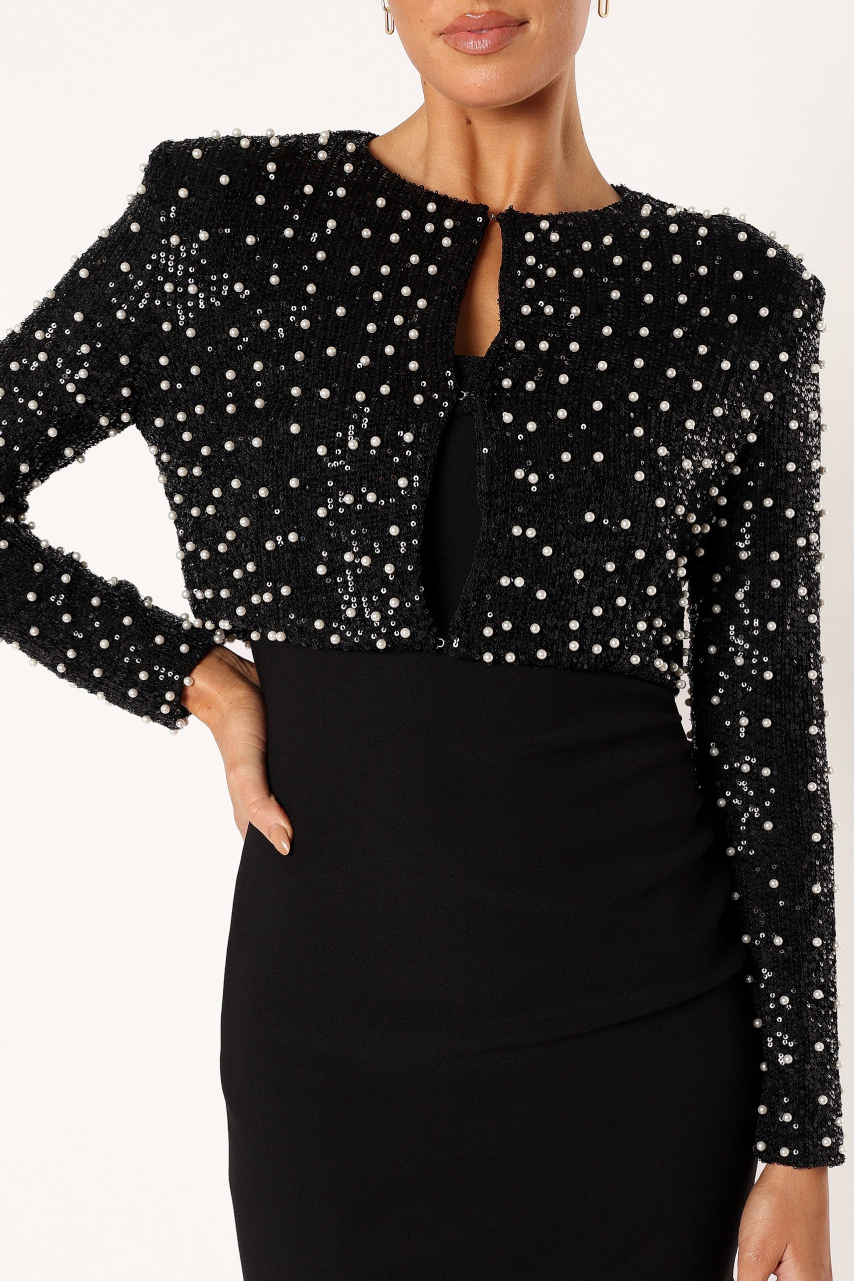 Monica All Over Pearl Crop Jacket - Black - Image 11
