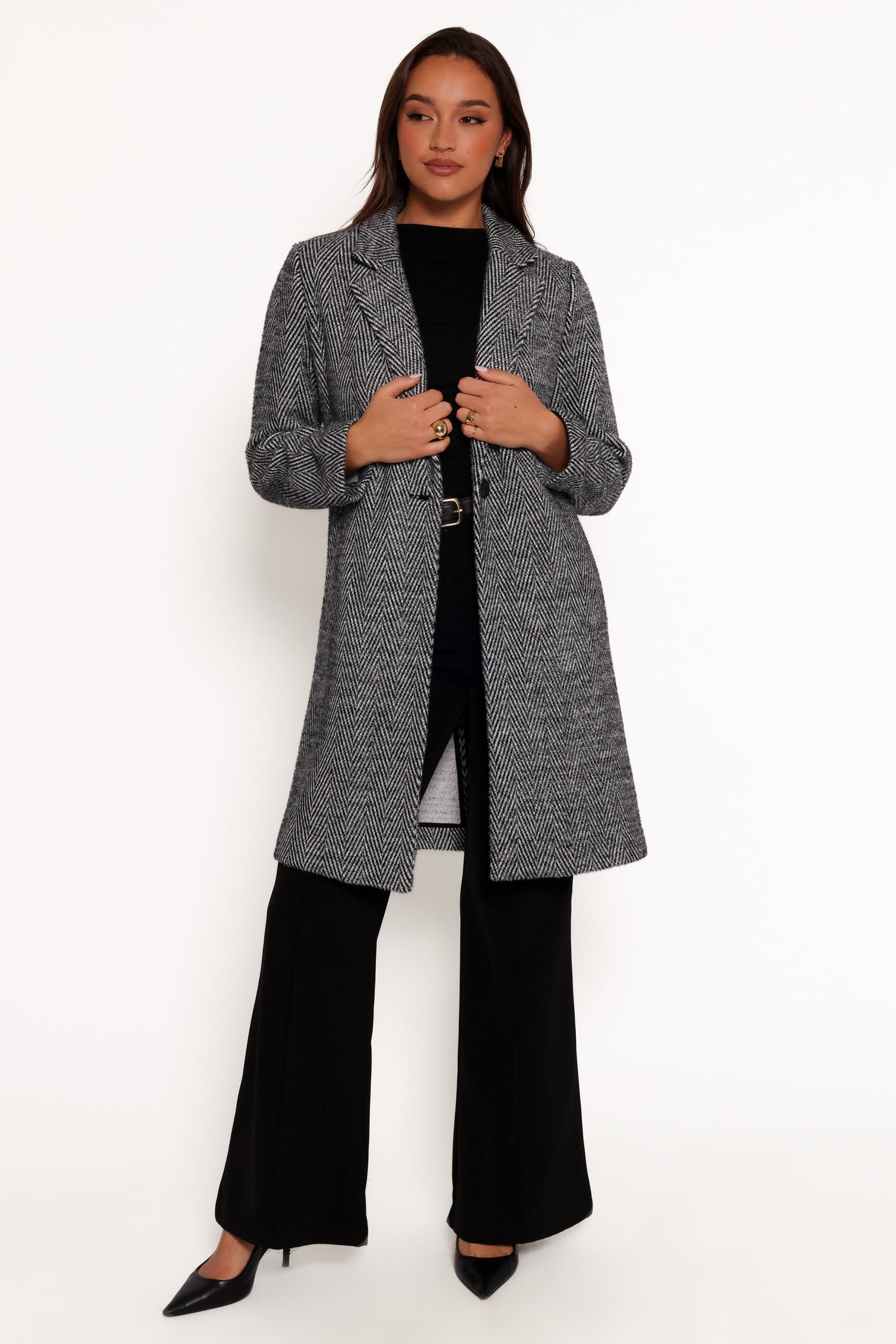 Nicoletta Single Button Herringbone Coat - Black - Image 4
