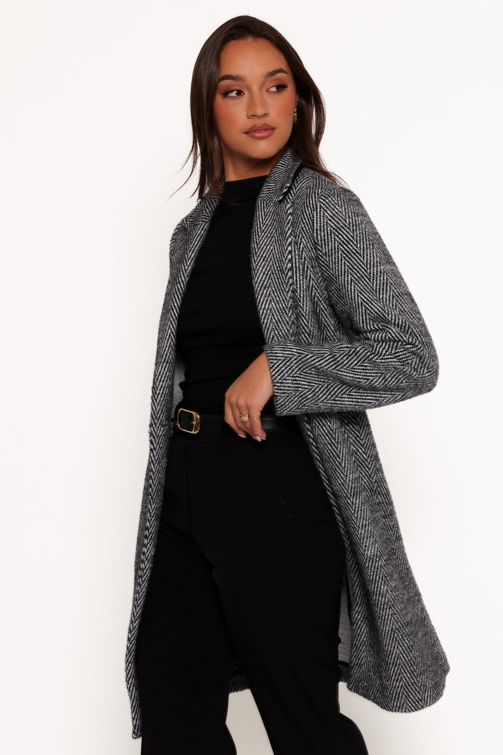 Nicoletta Single Button Herringbone Coat - Black - Image 5