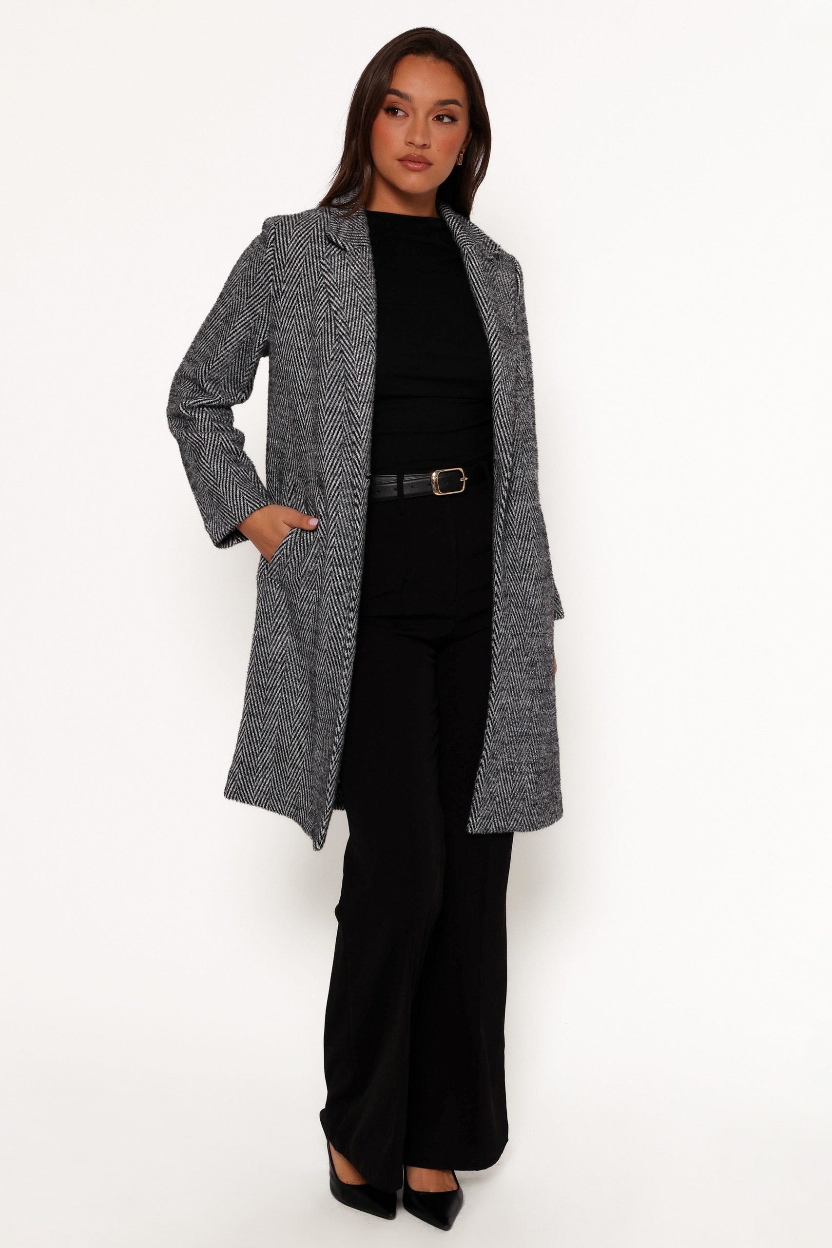 Nicoletta Single Button Herringbone Coat - Black - Image 8