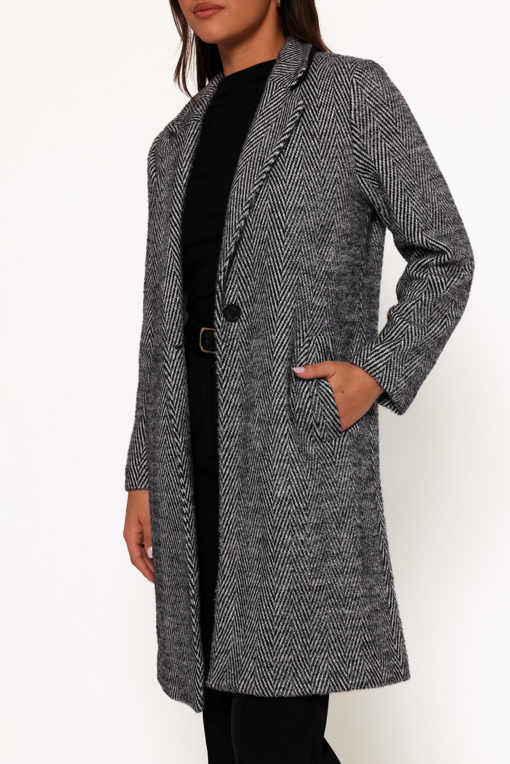 Nicoletta Single Button Herringbone Coat - Black - Image 9