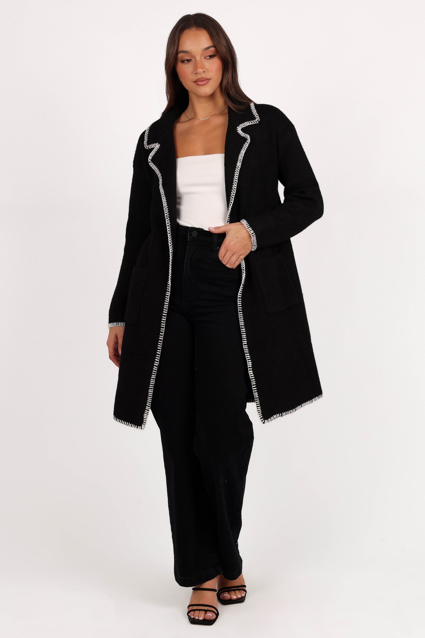 Oaklynn Contrast Stitch Coatigan - Black - Image 2