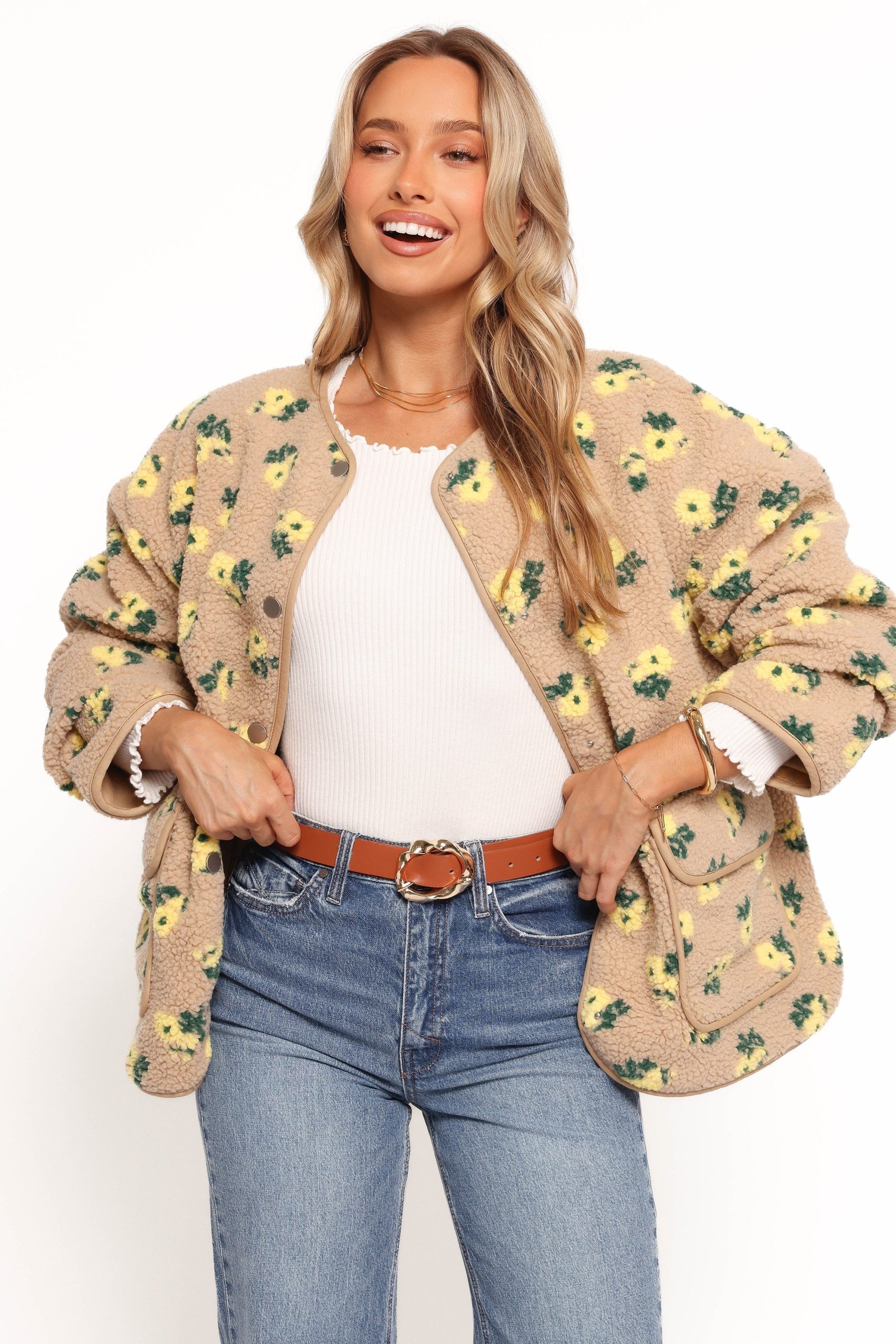 Roux Flower Print Shearling Jacket - Taupe - Image 4