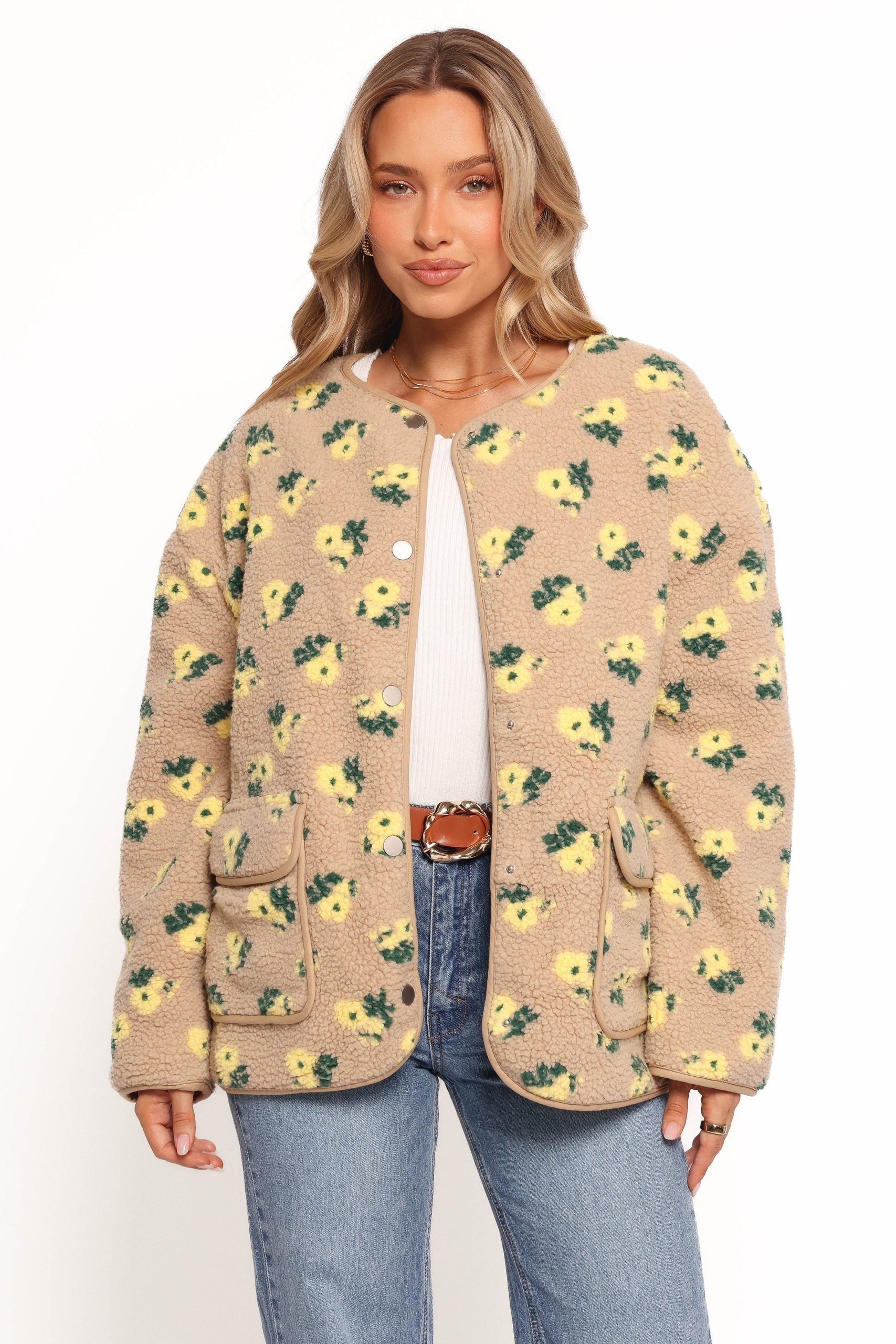 Roux Flower Print Shearling Jacket - Taupe - Image 5