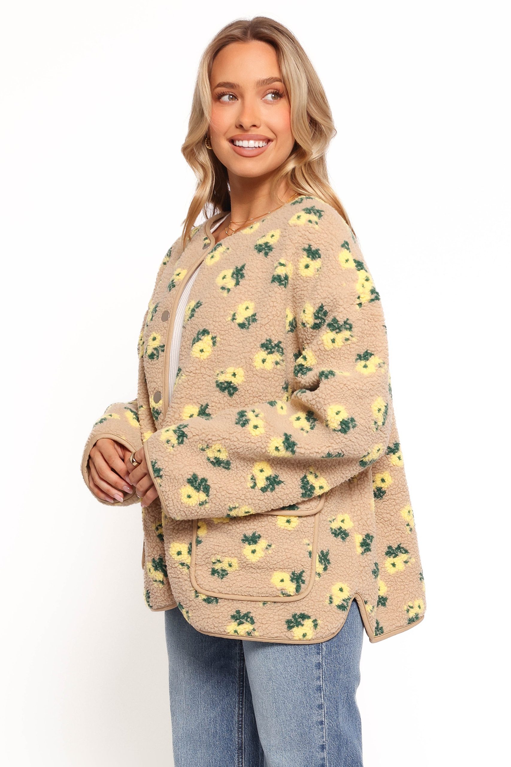 Roux Flower Print Shearling Jacket - Taupe - Image 6