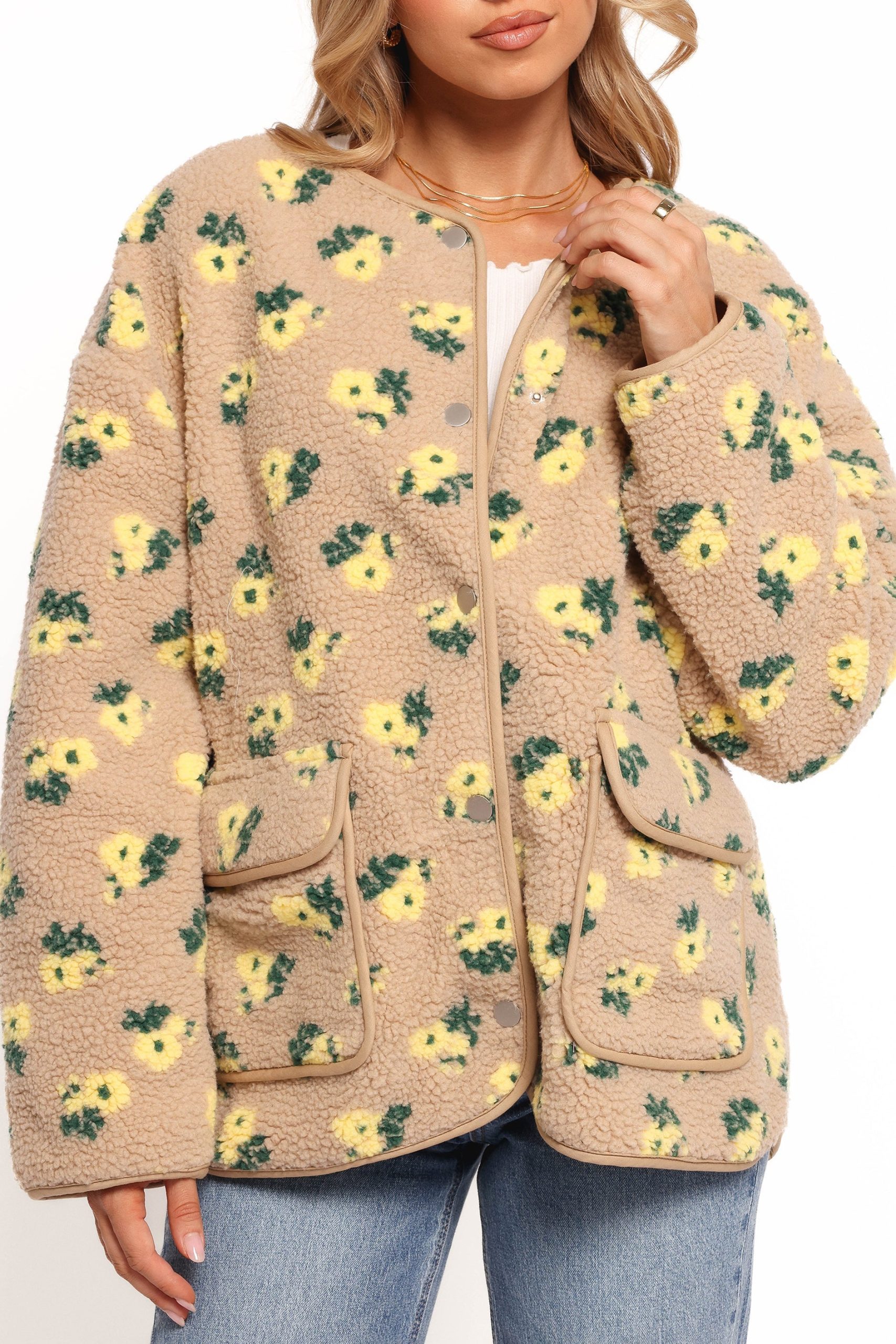 Roux Flower Print Shearling Jacket - Taupe - Image 8