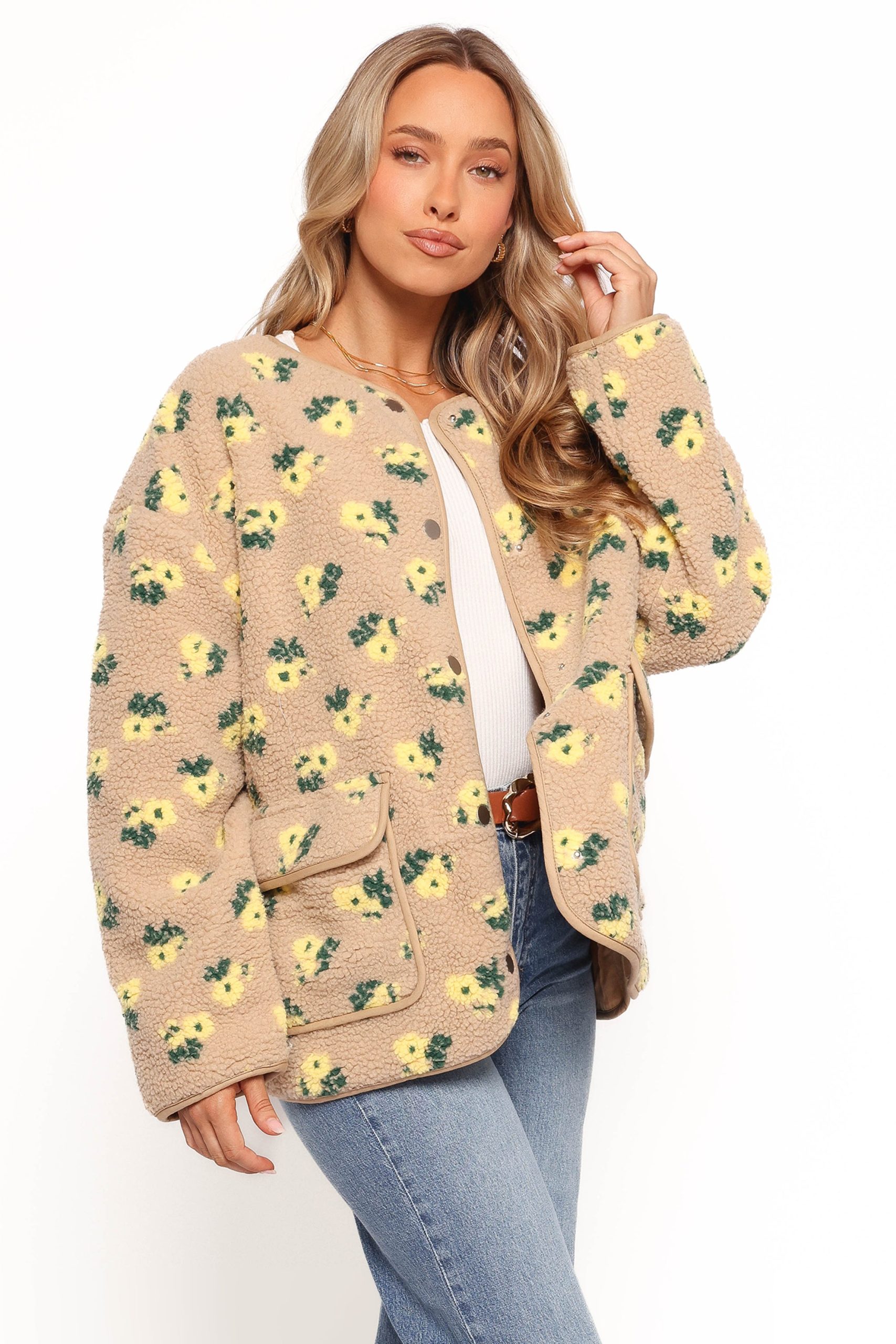 Roux Flower Print Shearling Jacket - Taupe - Image 9