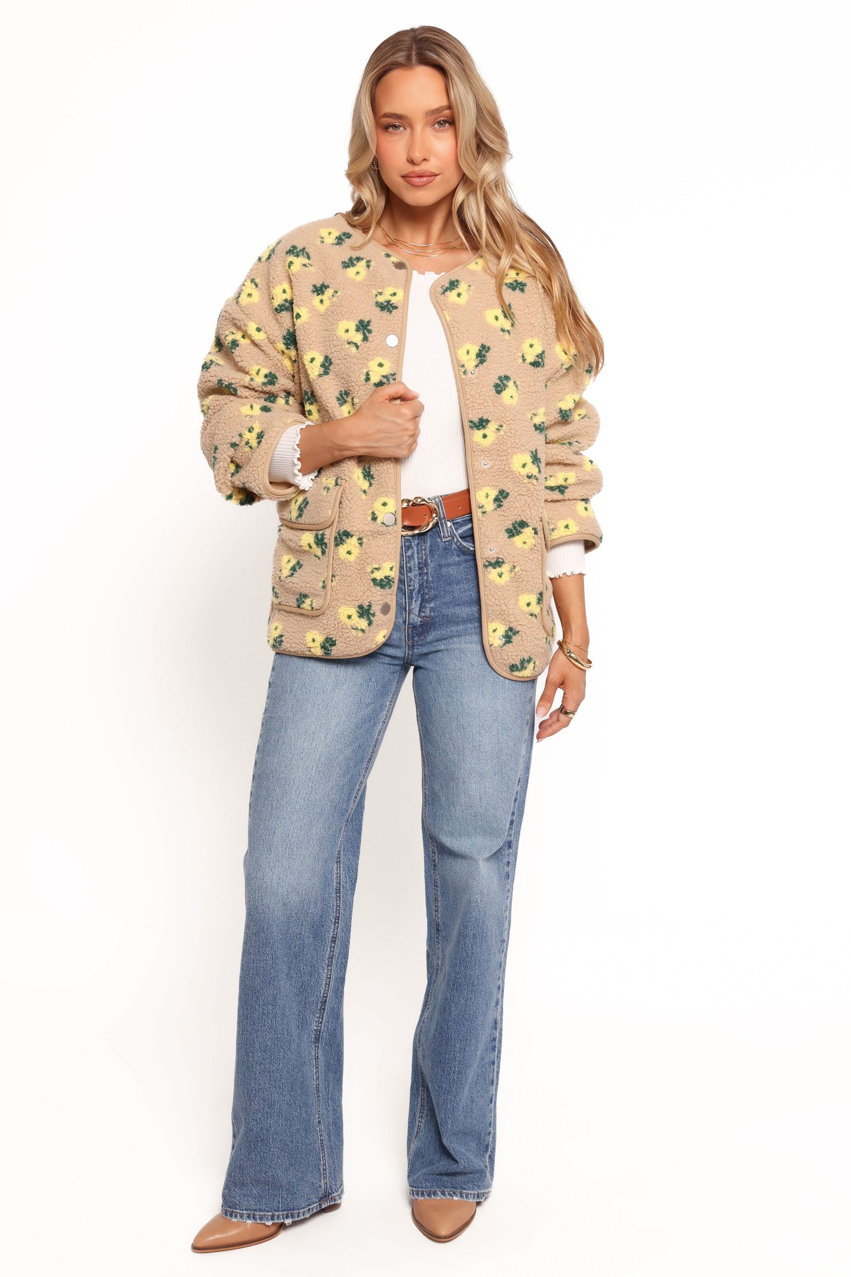 Roux Flower Print Shearling Jacket - Taupe - Image 10