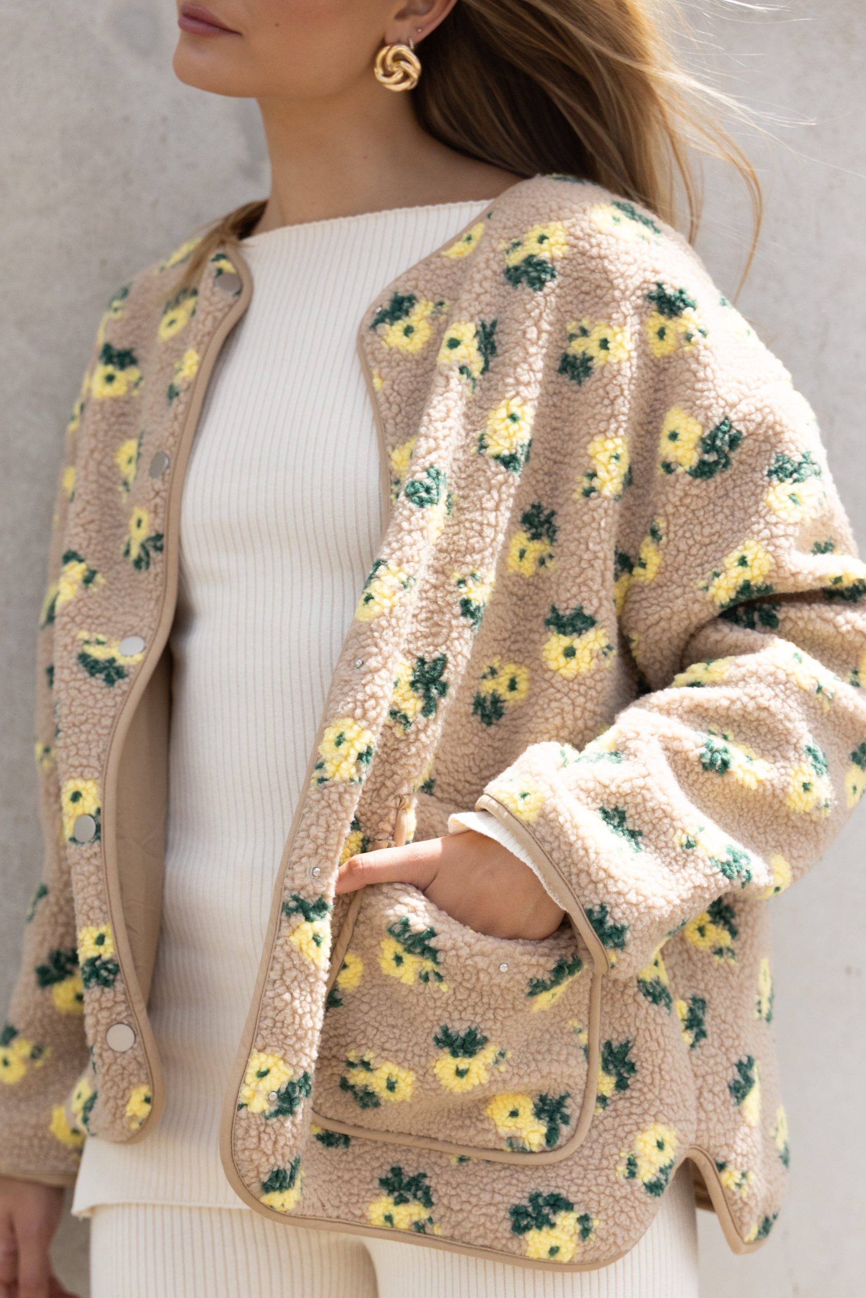 Roux Flower Print Shearling Jacket - Taupe - Image 3
