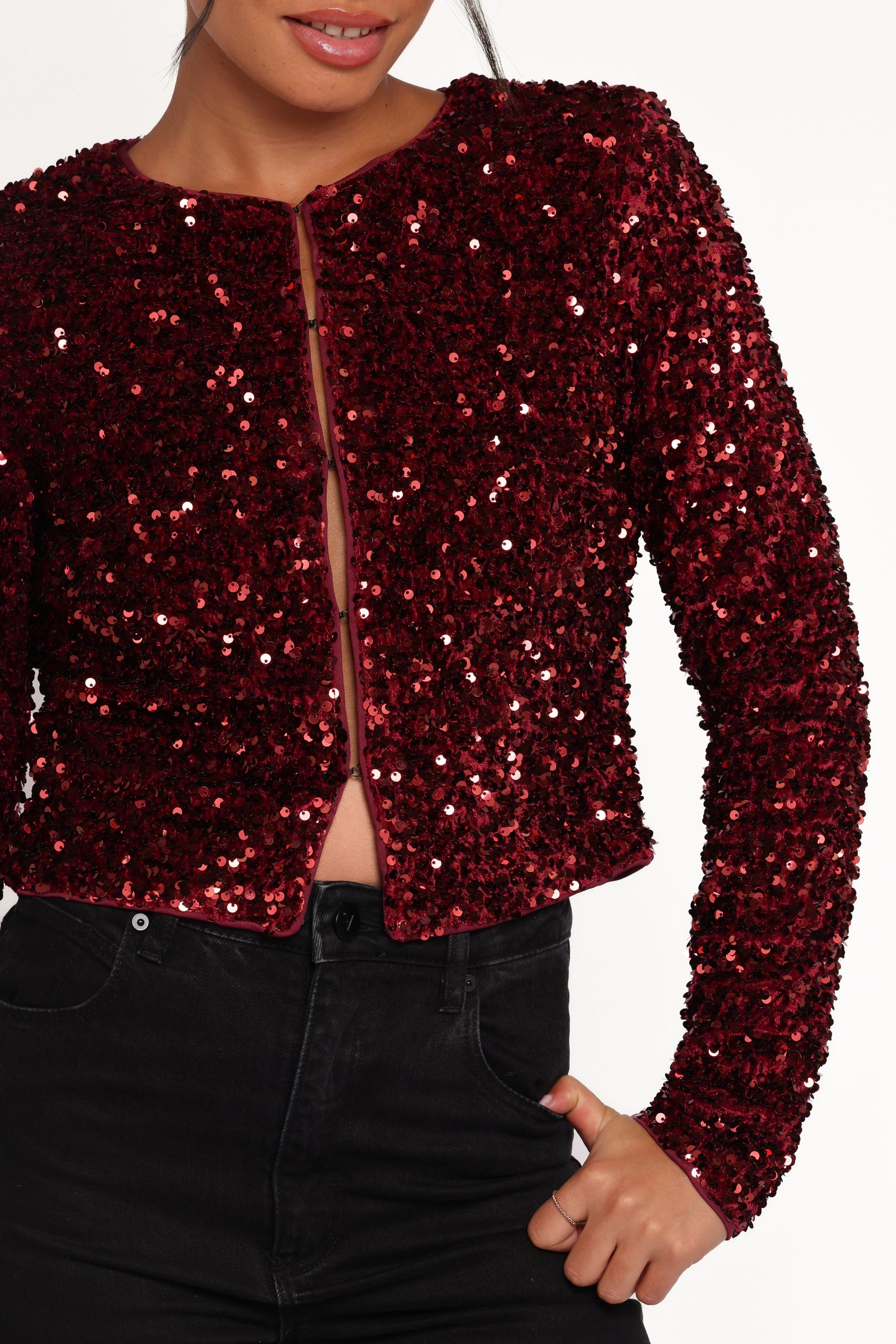 Scarlette Cropped Jacket - Burgundy Sequin - Image 3