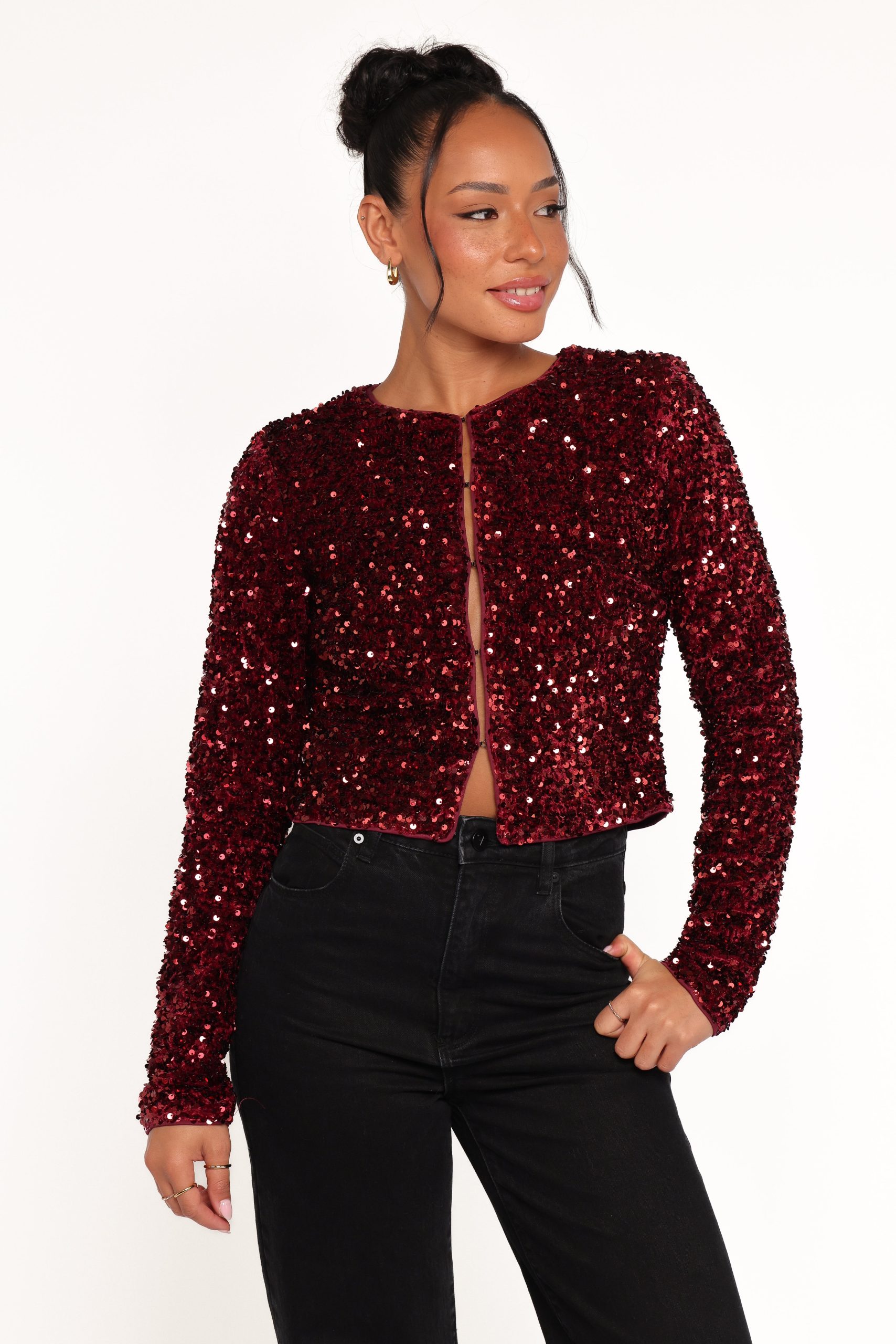 Scarlette Cropped Jacket - Burgundy Sequin - Image 2